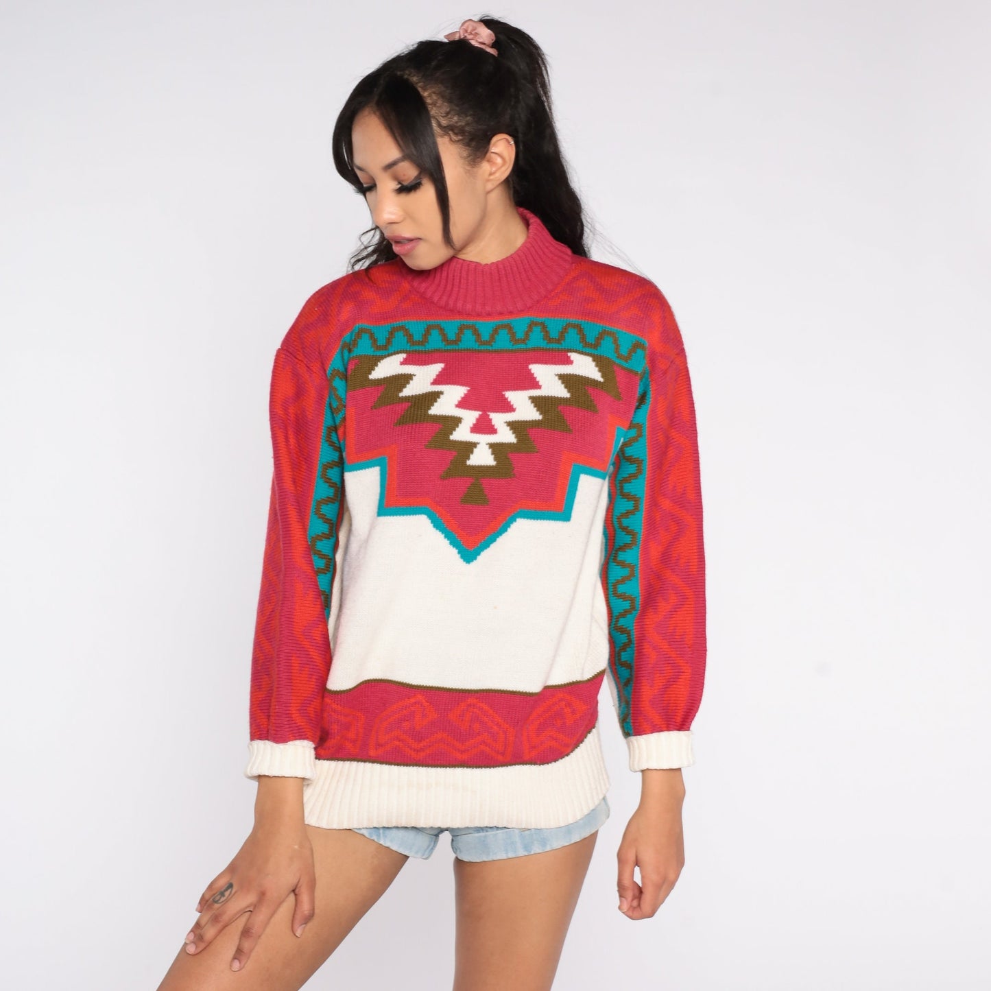 80s Southwestern Geometric Mock Neck Sweater Red Blue White Wool Blend Small