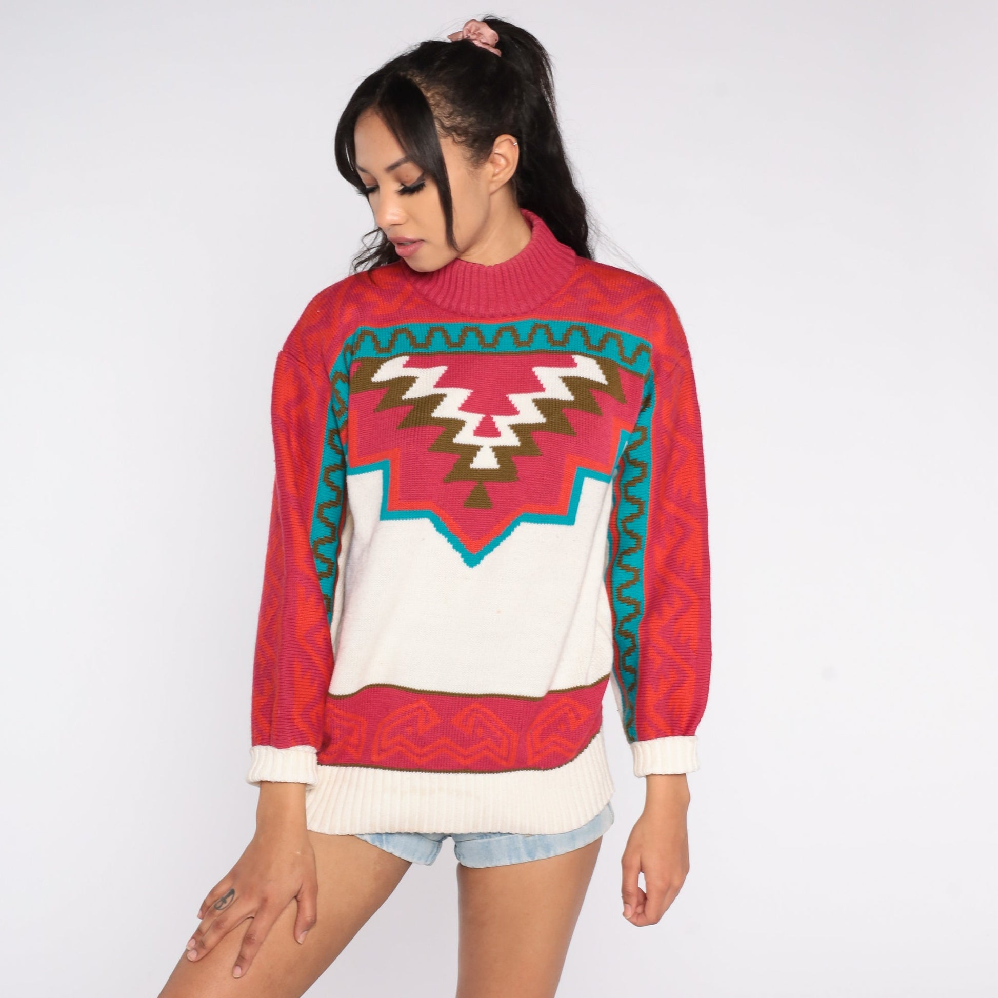 80s Southwestern Geometric Mock Neck Sweater Red Blue White Wool Blend Small