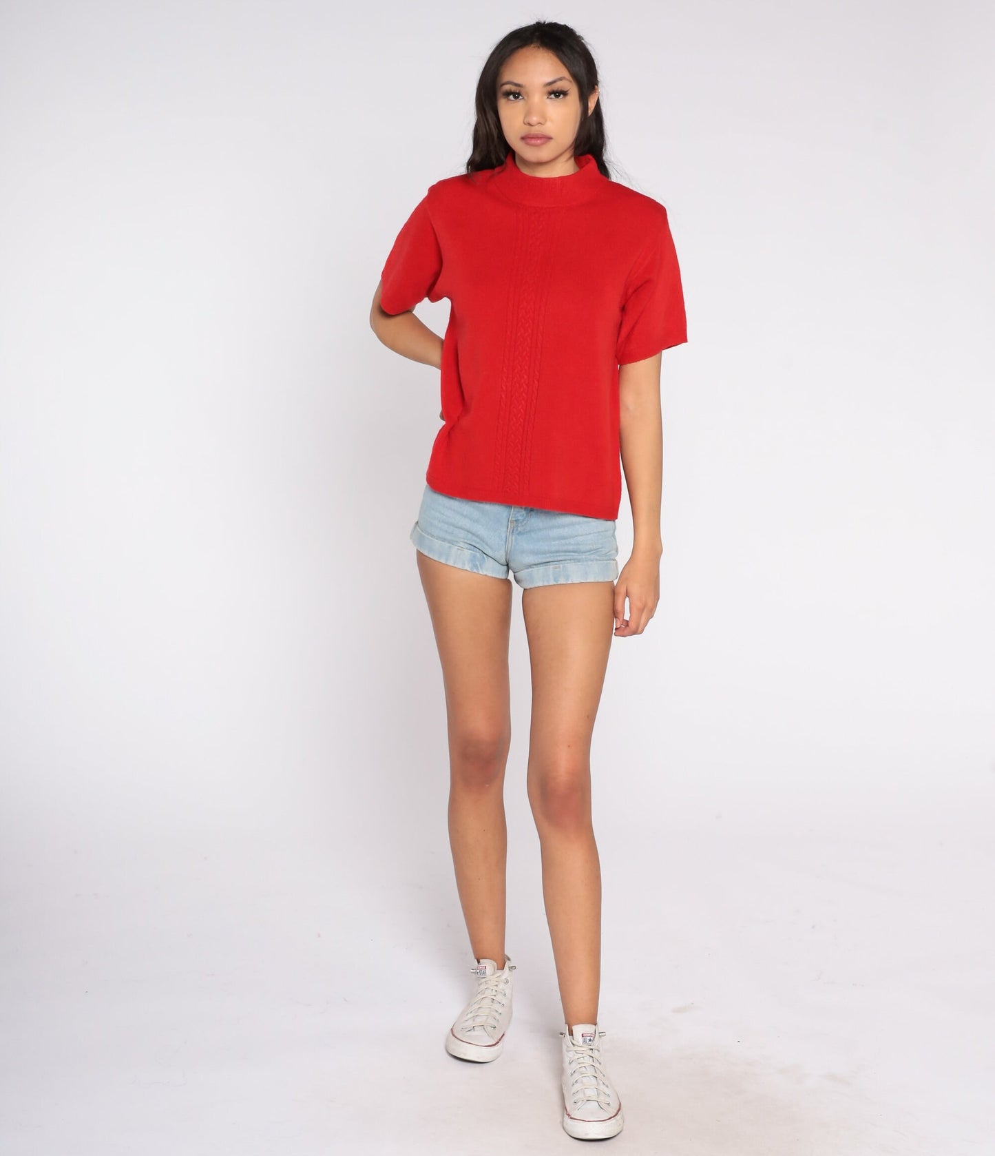 90s Red Knit Mock Neck Short Sleeve Top Medium M