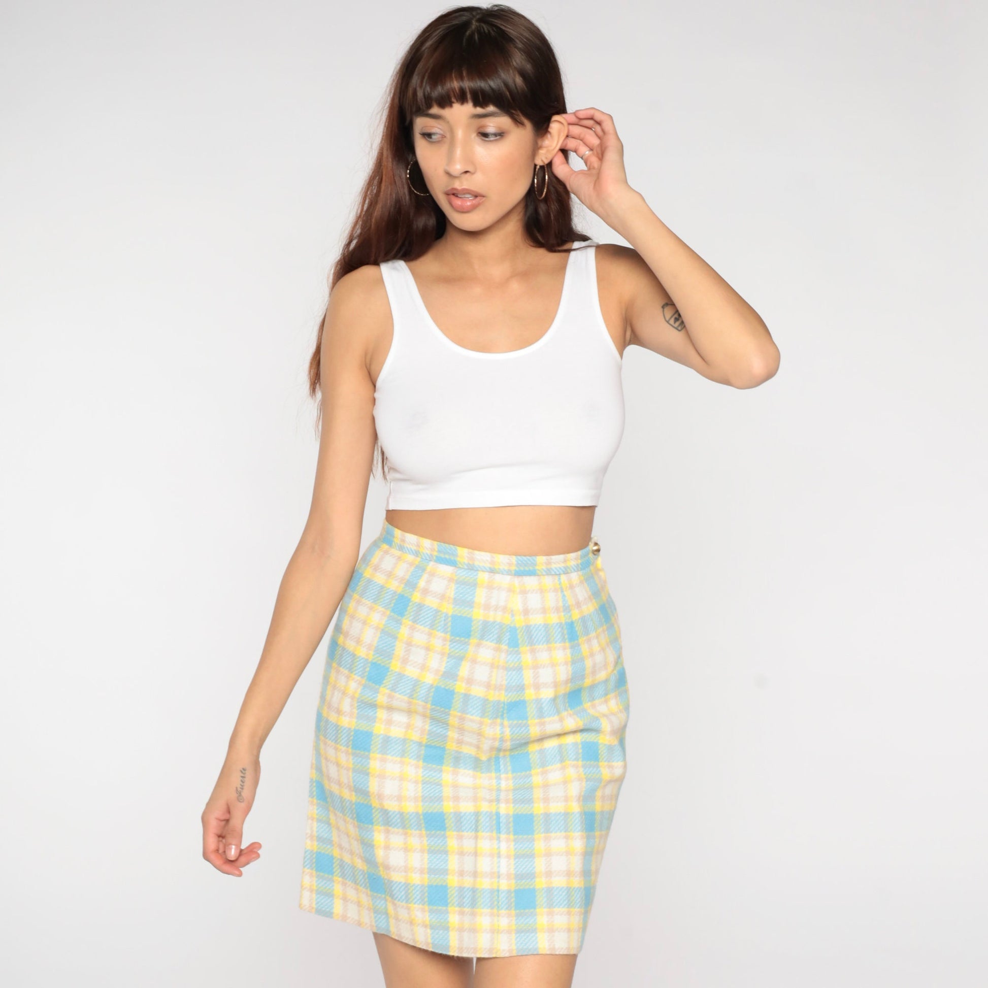 60s Yellow Blue Plaid Pencil Skirt High Waist Mini Mod Small