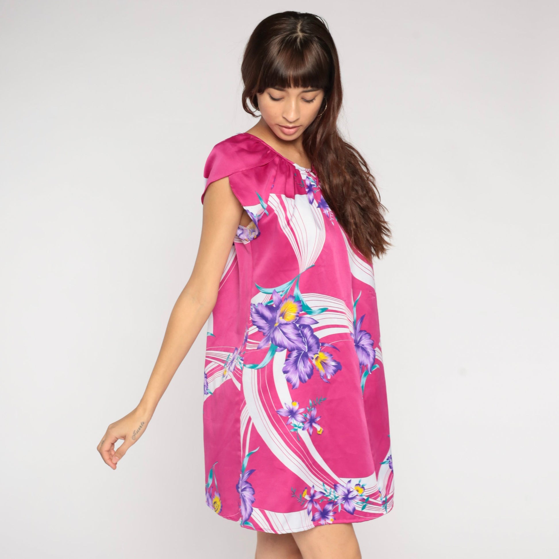 80s Pink Tropical Floral Mini Dress Tulip Sleeve Shift Medium M