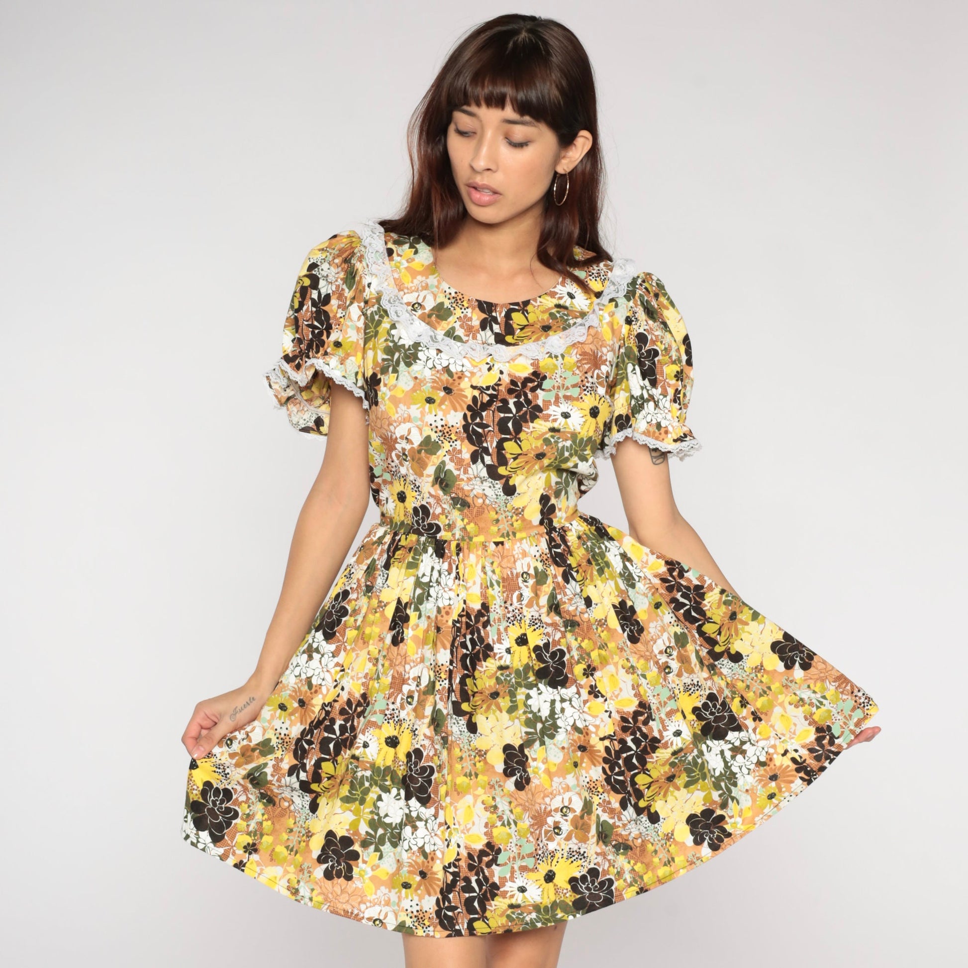 00s Floral Mini Dress Puff Sleeve High Waist Pleated Skirt Medium