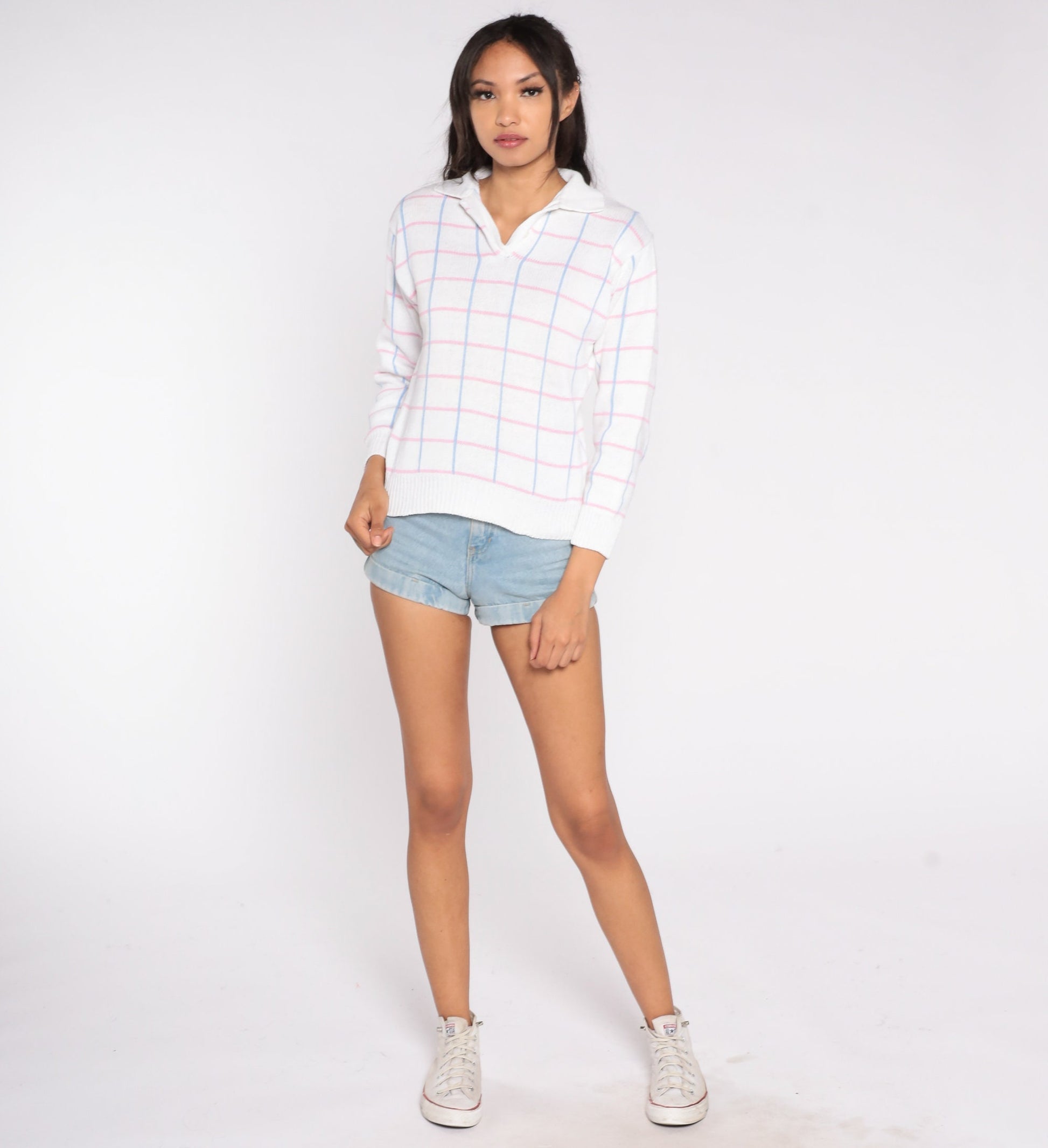 90s White Checkered Collared Sweater Blue Pink Cotton Ramie Knit Small