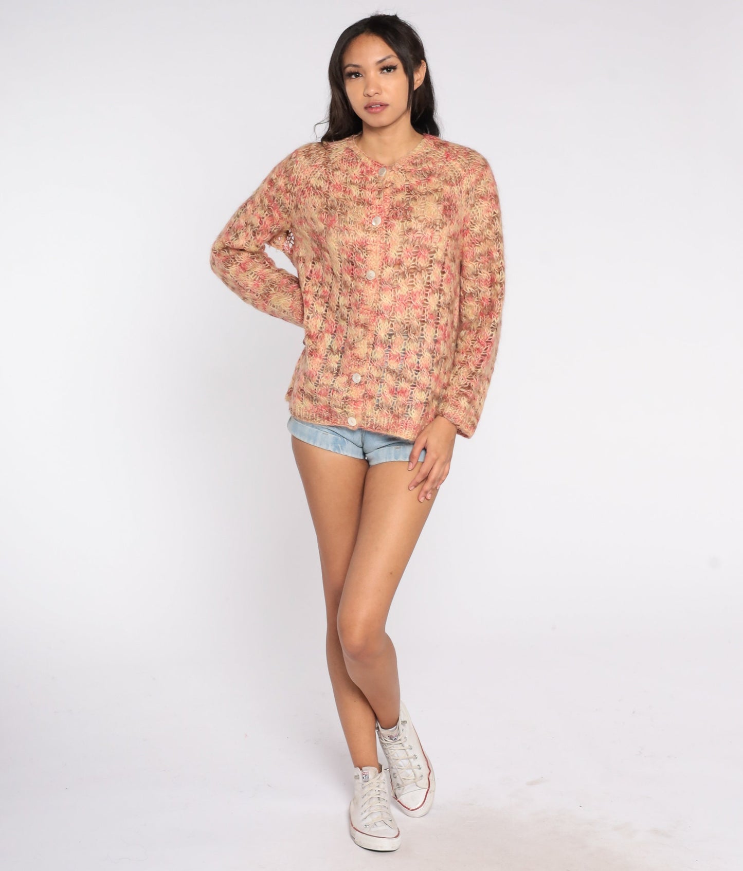 60s Cardigan Sweater Multicolor Pink Beige Brown Knit Button Up Large L