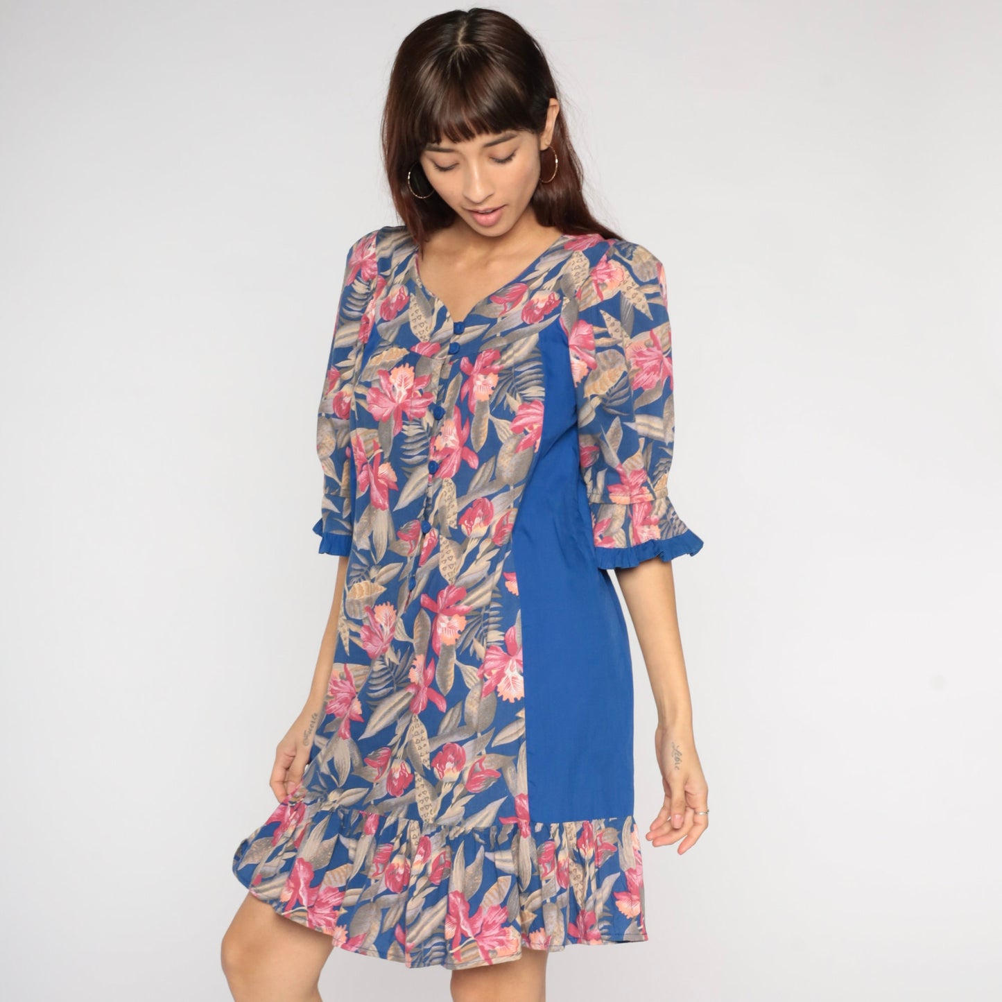 80s Tori Richard Tropical Floral Mini Dress Blue Button-Up Small