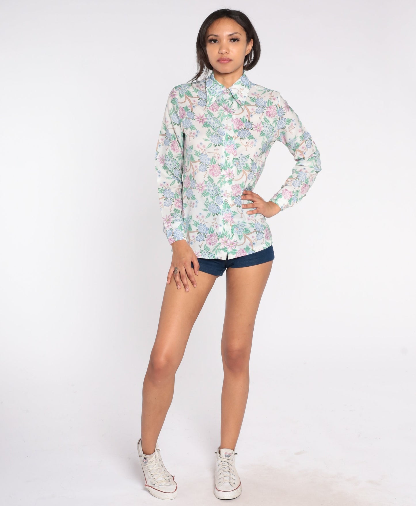 70s Floral Button-Up Shirt White Pointed Collar Long Sleeve Small S
