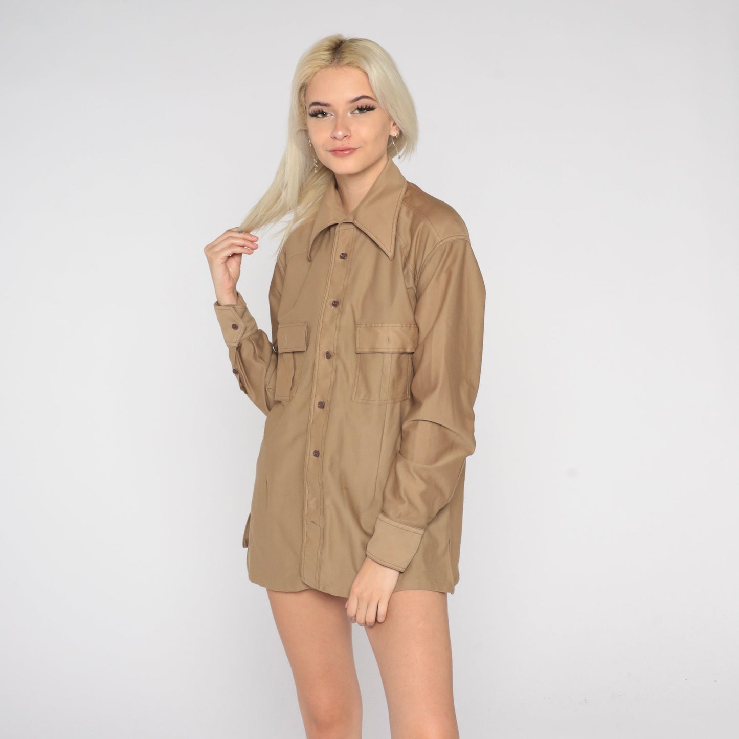 70s Tan Button Up Shirt Dagger Collar Long Sleeve Chest Pocket Men's Large