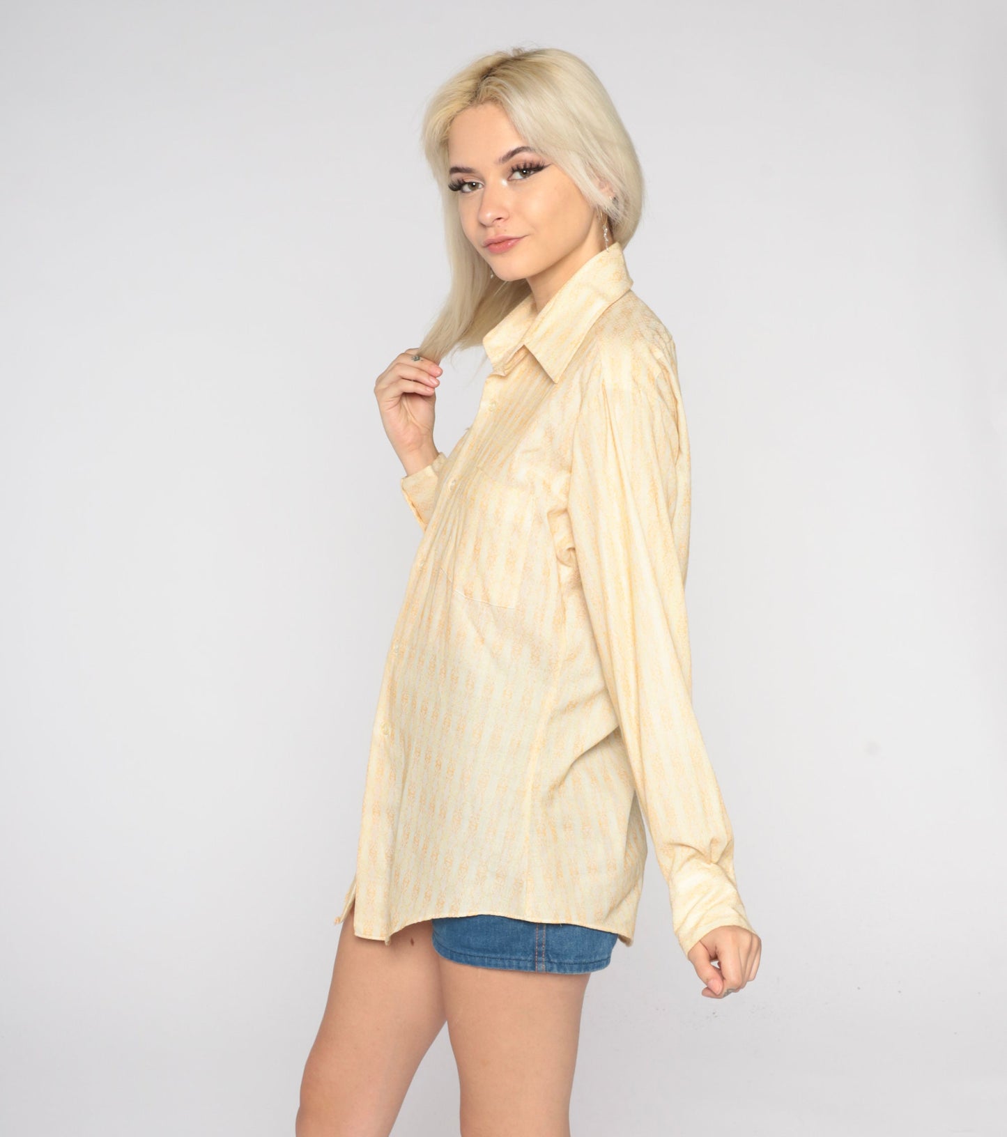 70s Yellow Geometric Striped Button-Up Shirt Pointed Collar Long Sleeve Medium