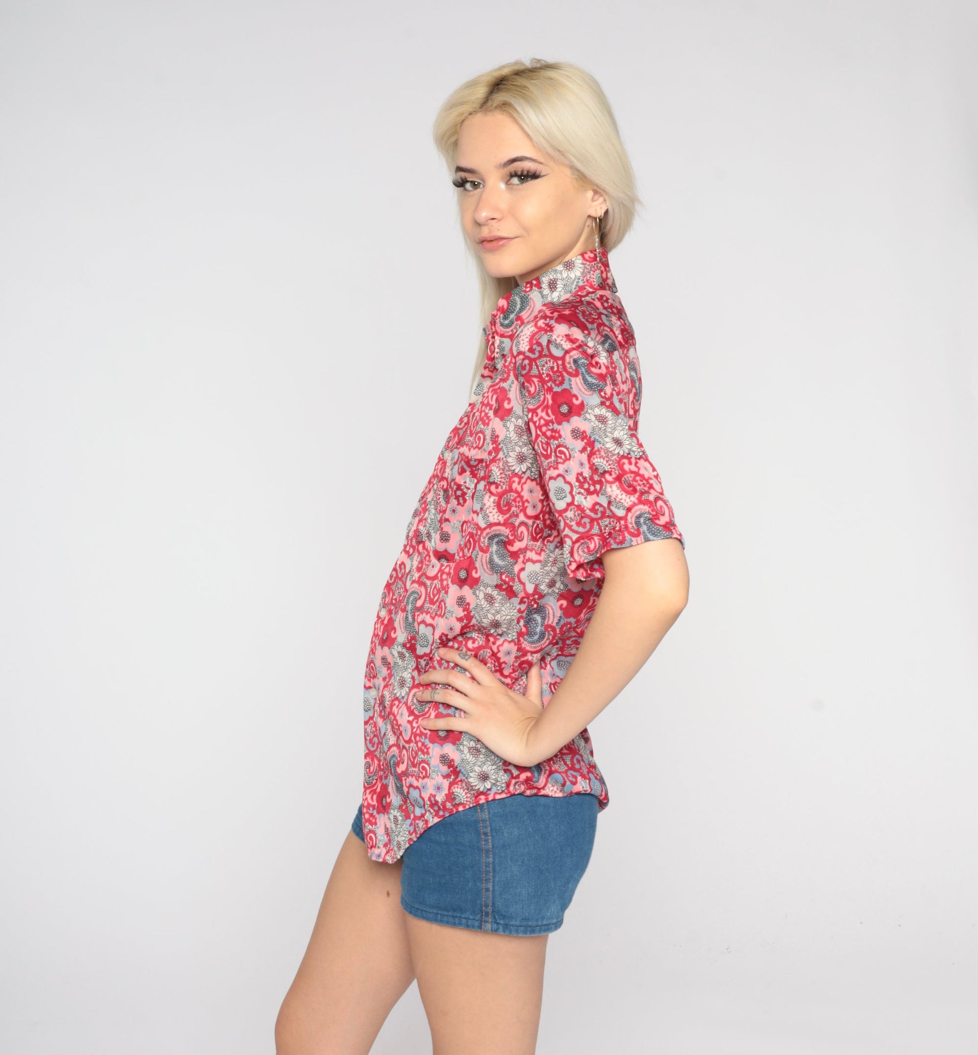 70s Psychedelic Floral Button-Up Shirt Pink Red Paisley Flower Print Medium