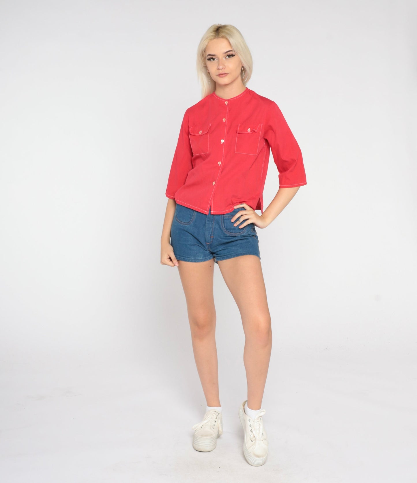 70s Red Button-Up Blouse Short Sleeve Chest Pockets Small