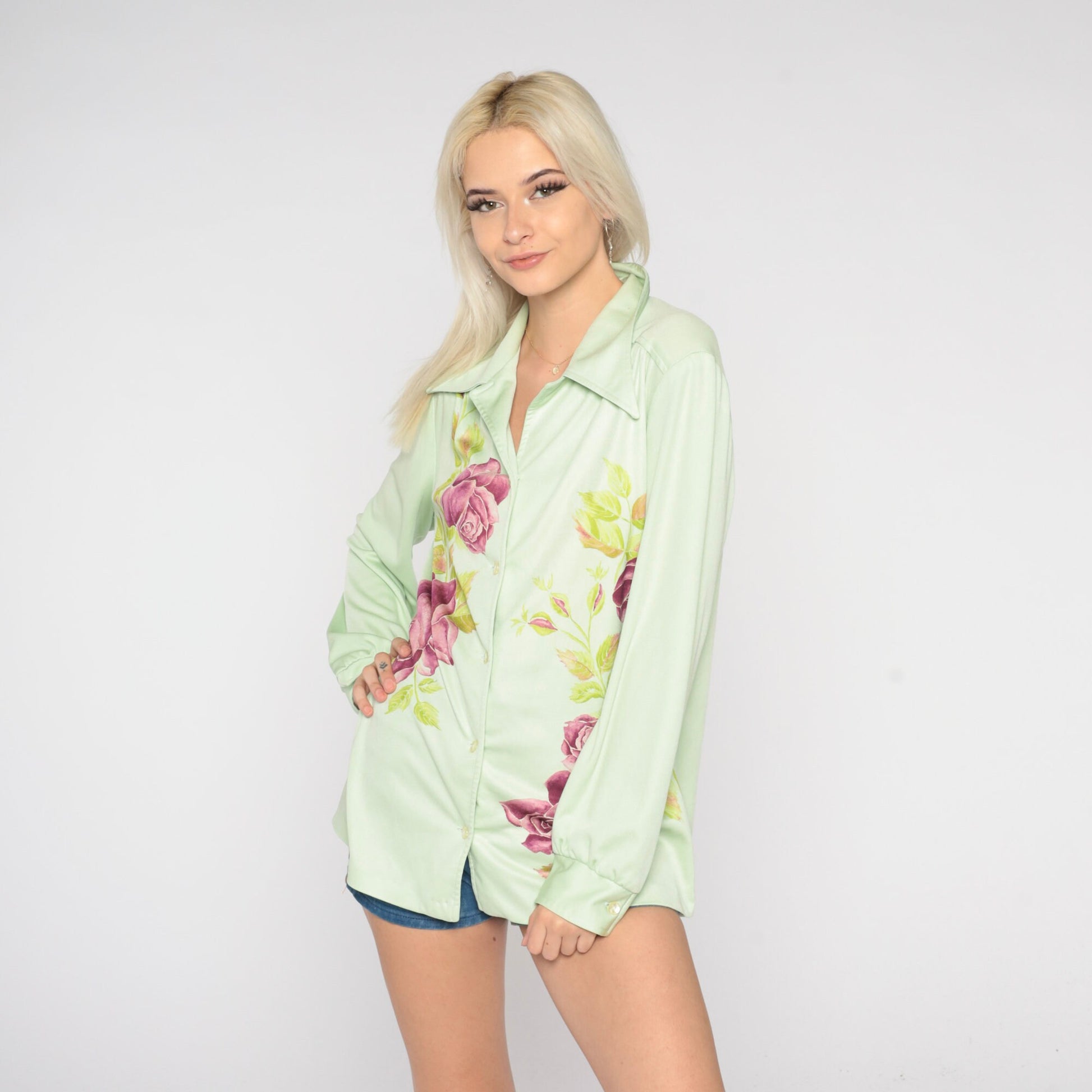 70s Green Floral Rose Print Blouse Pointed Collar Long Sleeve Button Up Medium