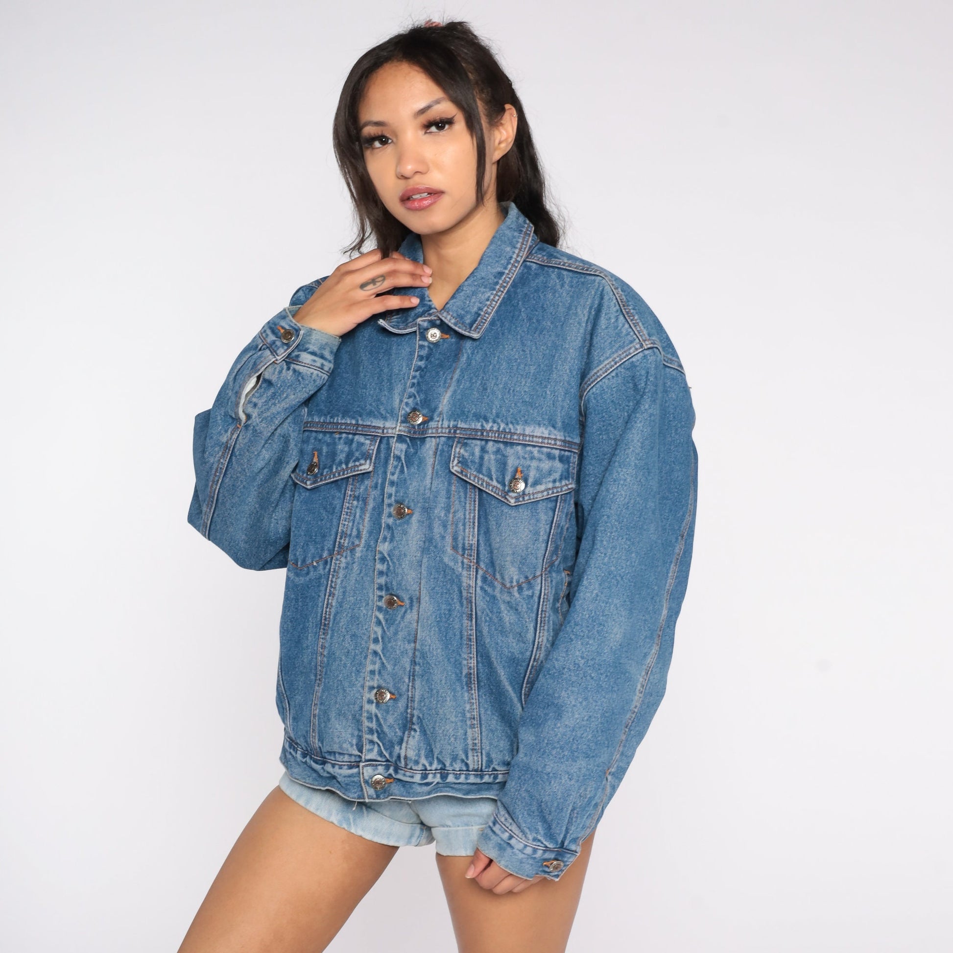 80s AG Jeans Denim Jacket Shearling Lined Button Up Blue Large