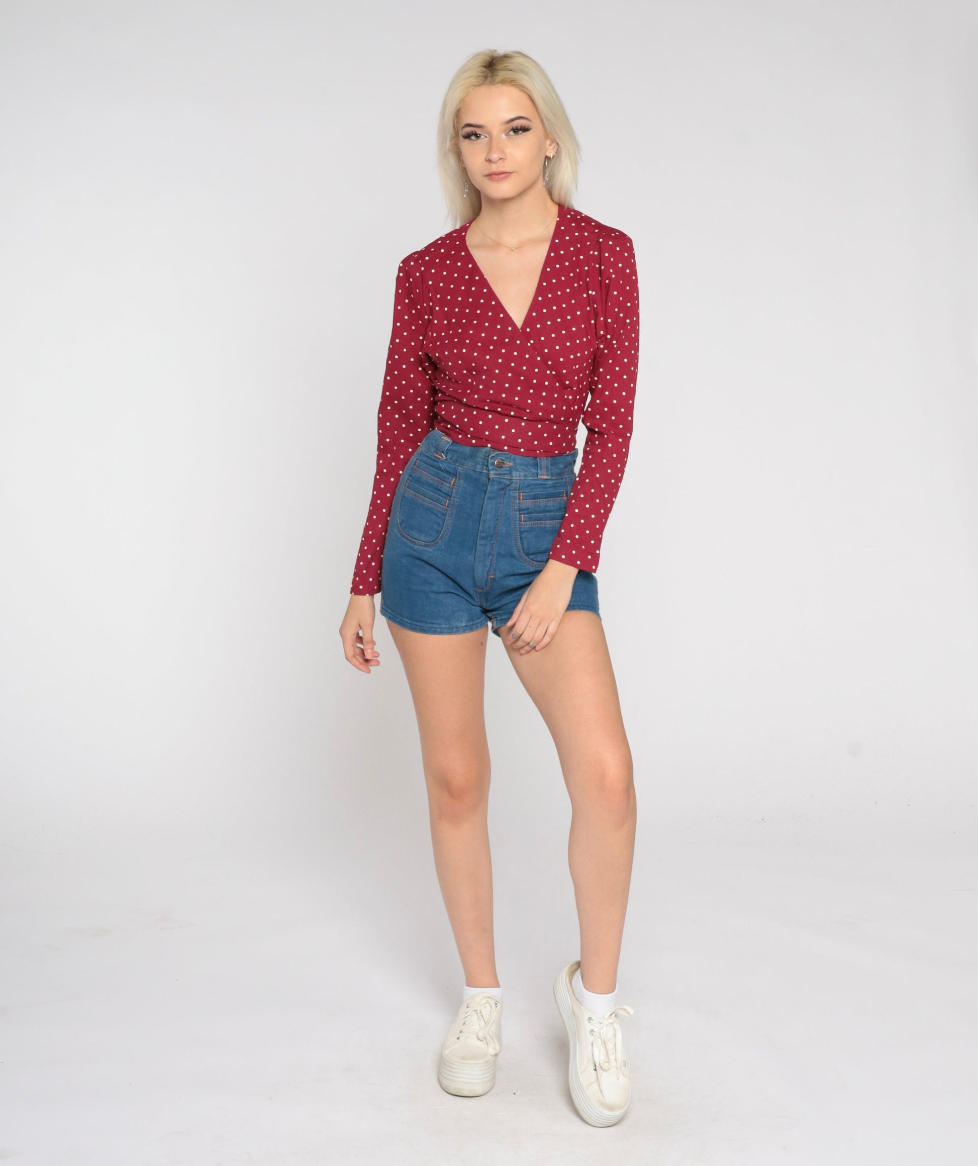 70s Polka Dot Wrap Blouse Burgundy Long Sleeve Crop Top Small