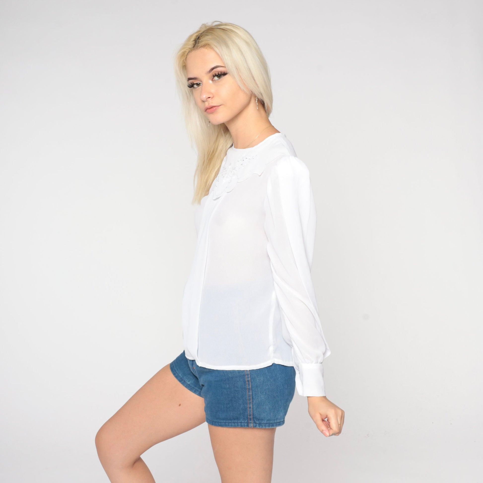 80s White Eyelet Blouse Puff Sleeve Sheer Bib Top Small