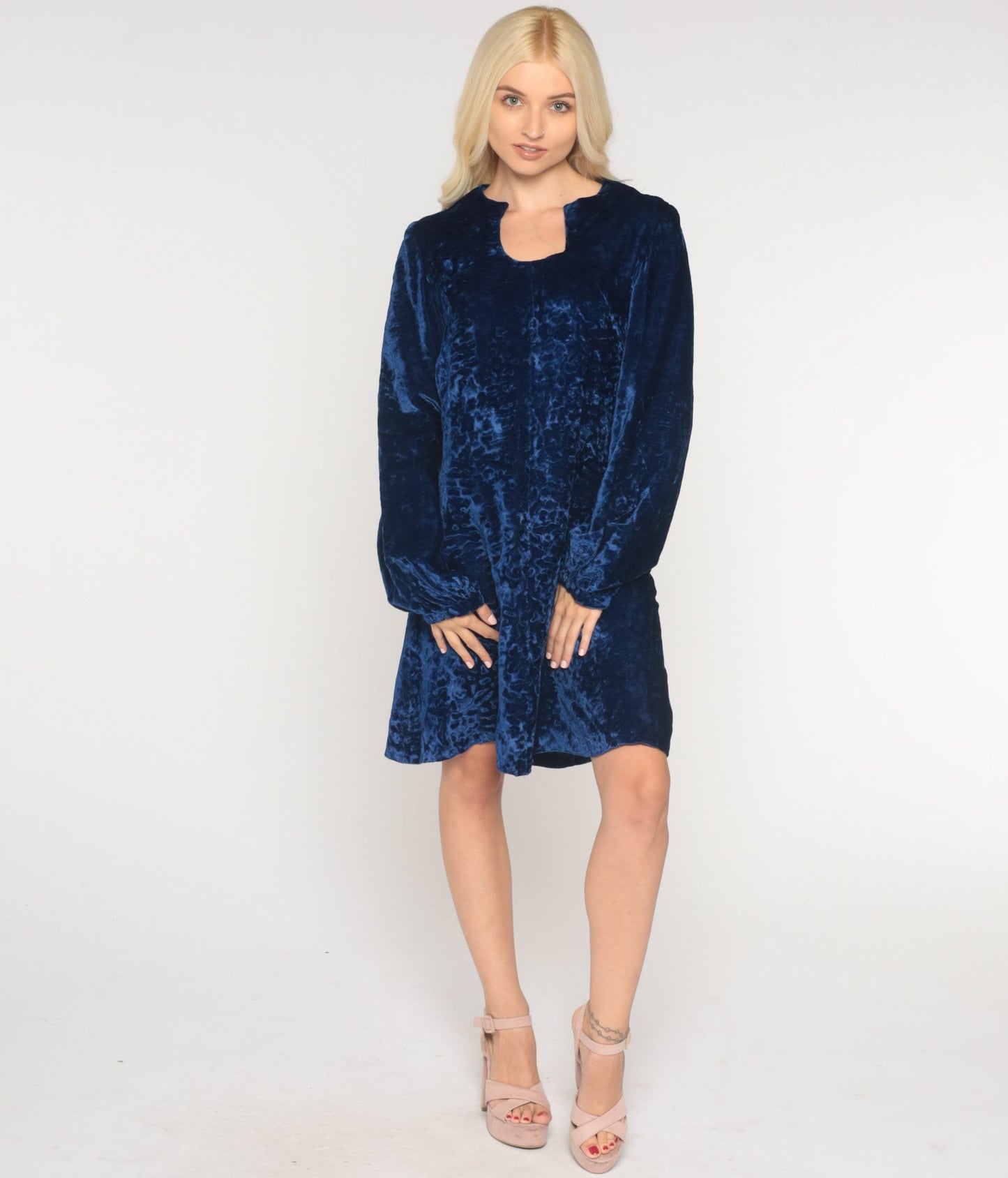 60s Blue Velvet Mini Dress Shift Cut Long Sleeve Asymmetrical Neckline Small