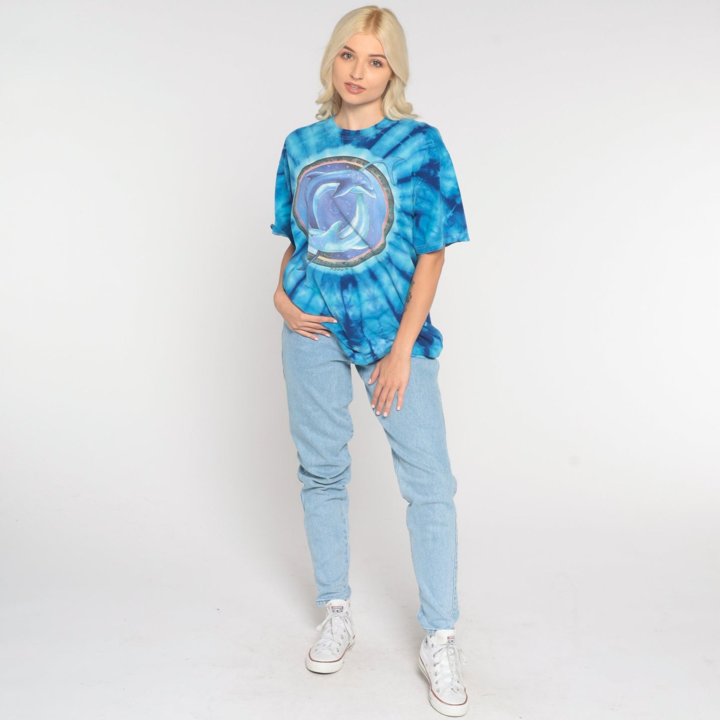 90s Dolphin Tie Dye Graphic T-Shirt Blue Galactic Print Cotton Medium