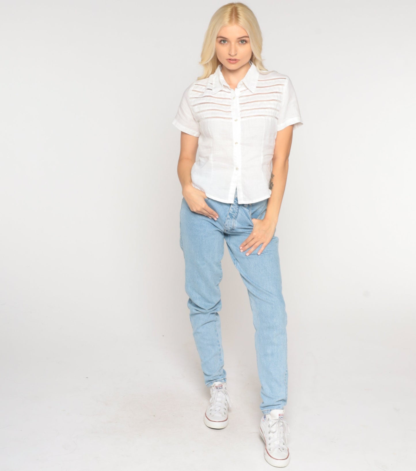 90s White Cutout Button-Up Blouse Short Sleeve Small S