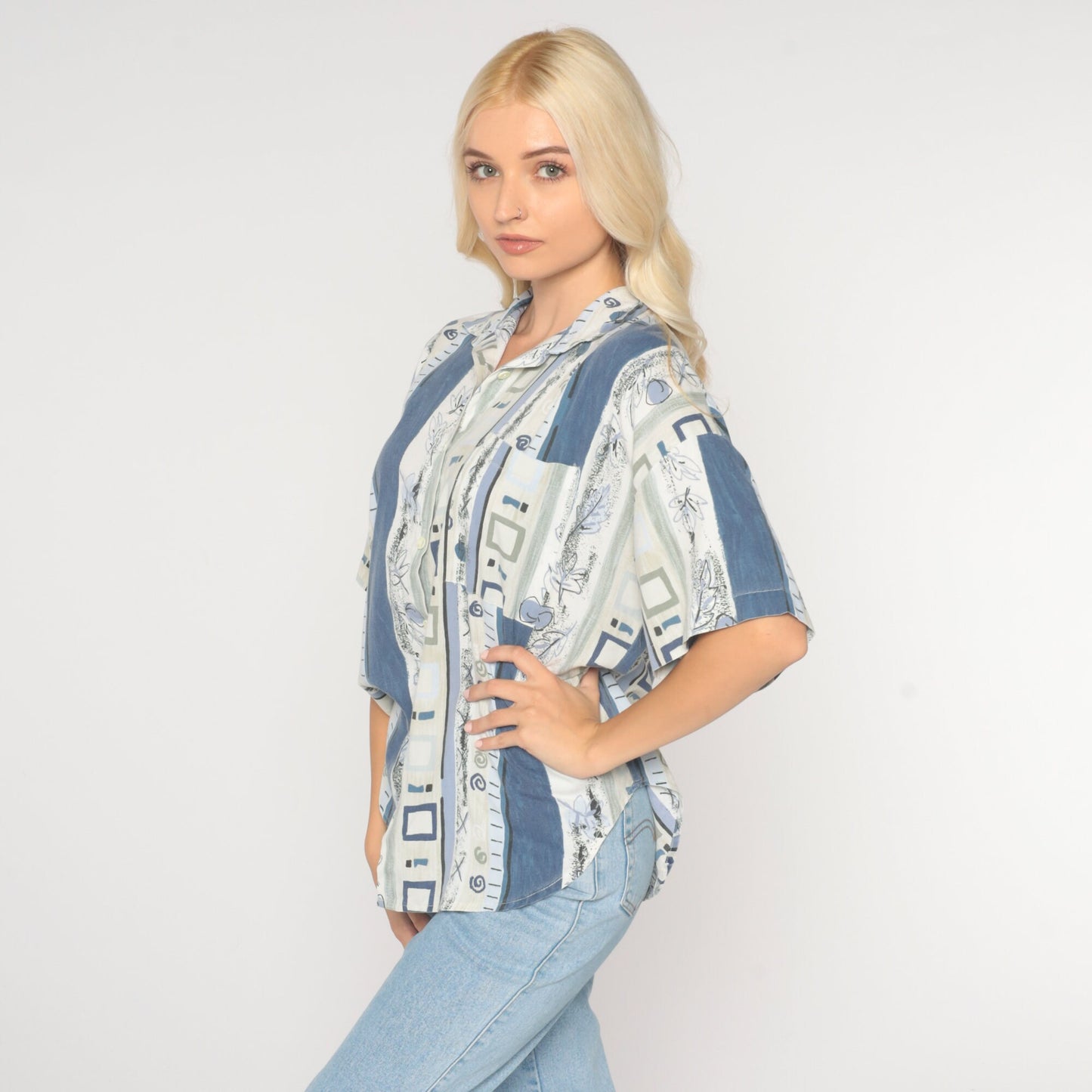 90s Geometric Striped Button Up Blouse Blue White Leaf Print Large L