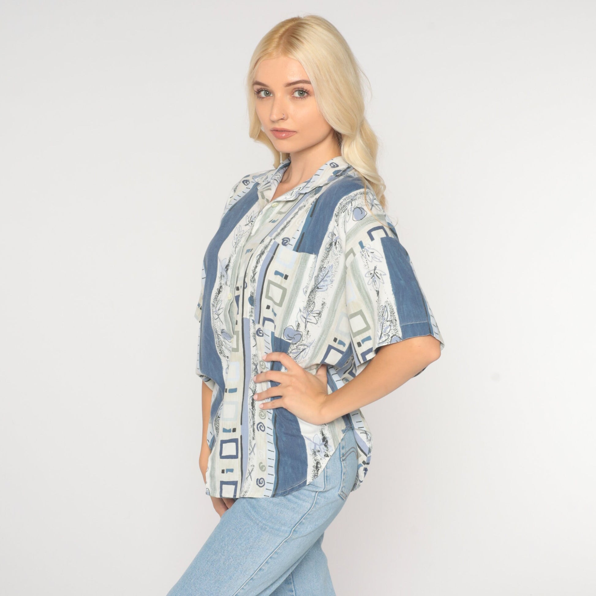 90s Geometric Striped Button Up Blouse Blue White Leaf Print Large L
