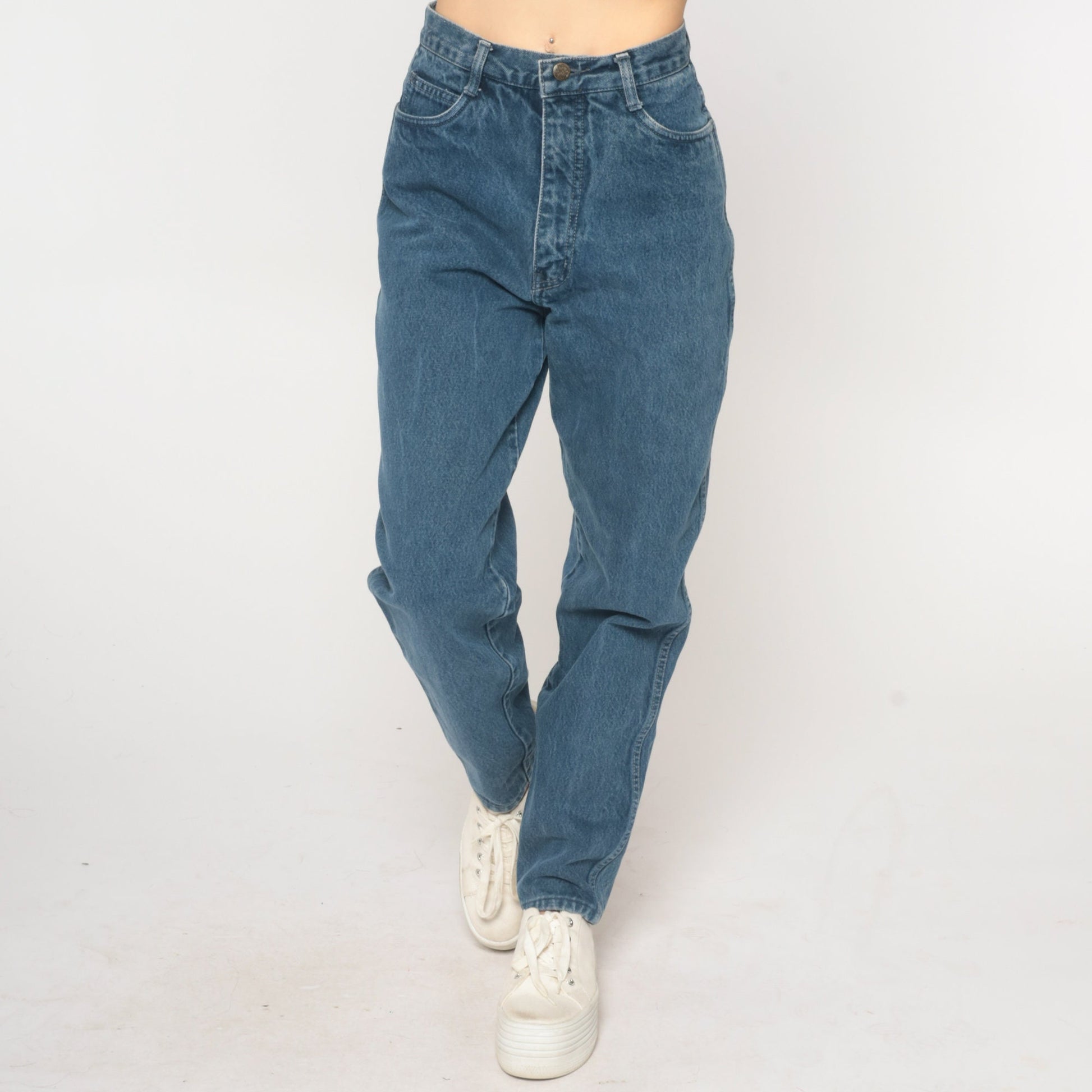 90s High Waist Tapered Jeans Dark Blue Denim Small 27