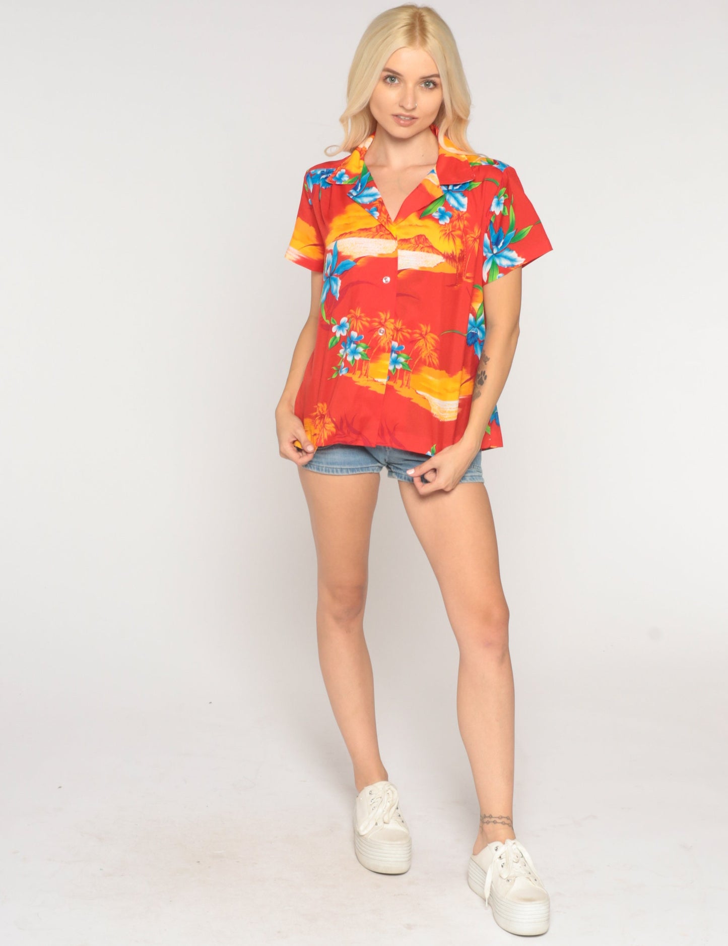 80s Tropical Floral Hawaiian Button-Up Shirt Red Palm Tree Blouse Large L