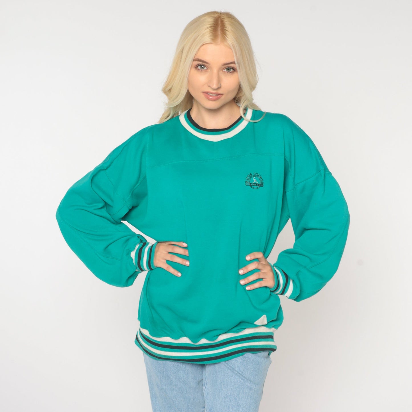90s River Course Alisal Golf Sweatshirt Teal Striped Ringer Extra Large XXL