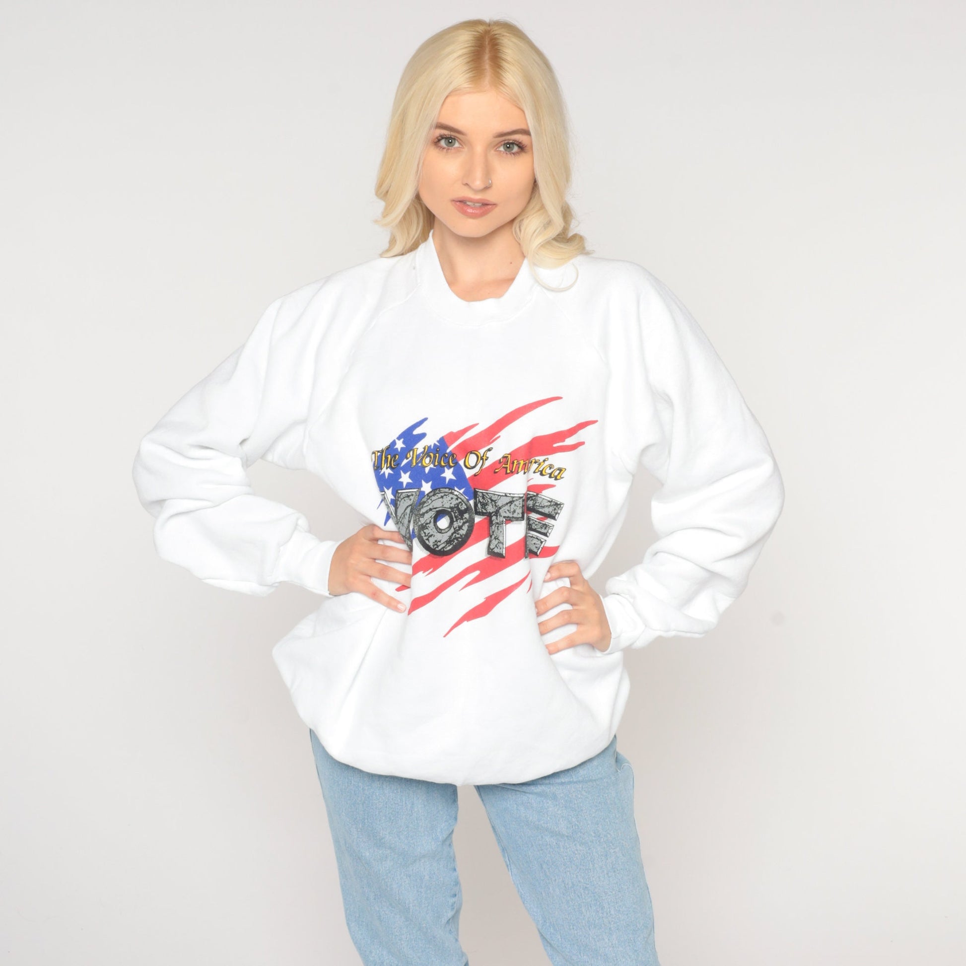 90s Voice of America Vote Sweatshirt Raglan Graphic Crewneck Extra Large
