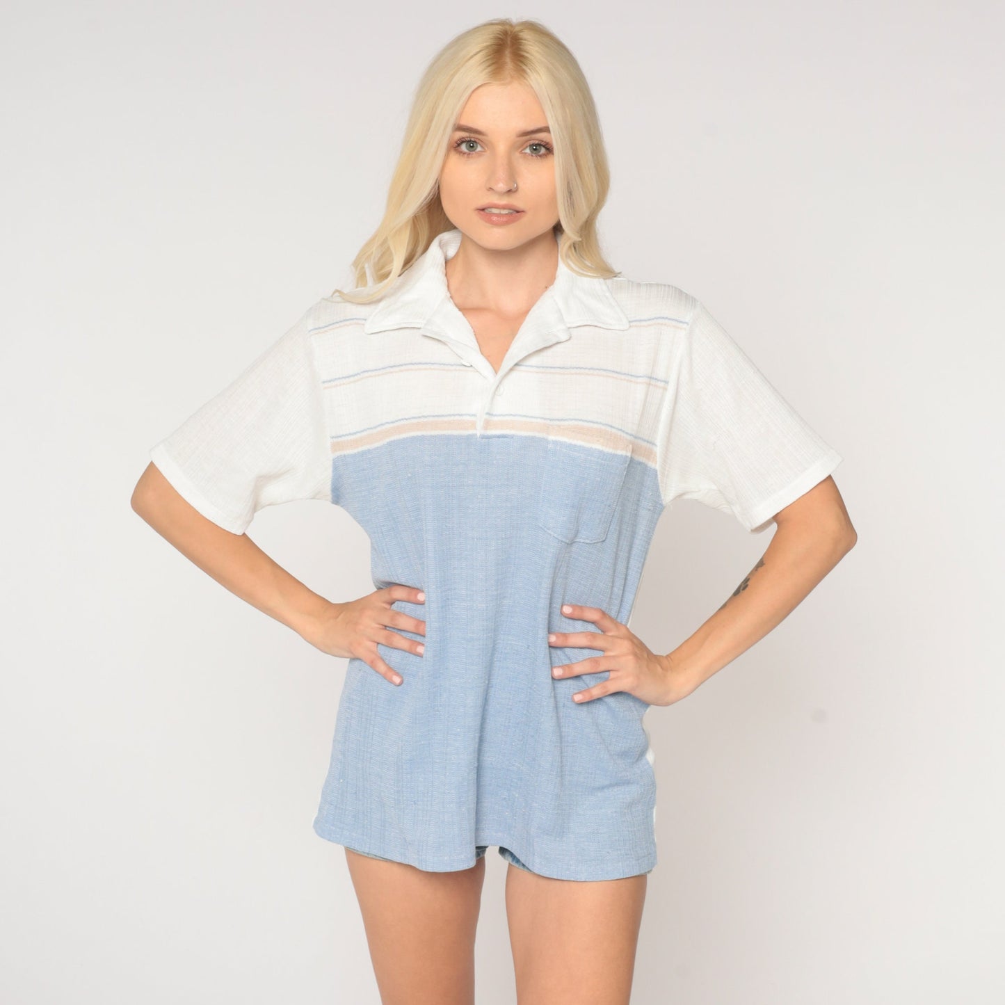 80s Color Block Striped Polo Shirt Baby Blue White Half Button Collared Medium Large