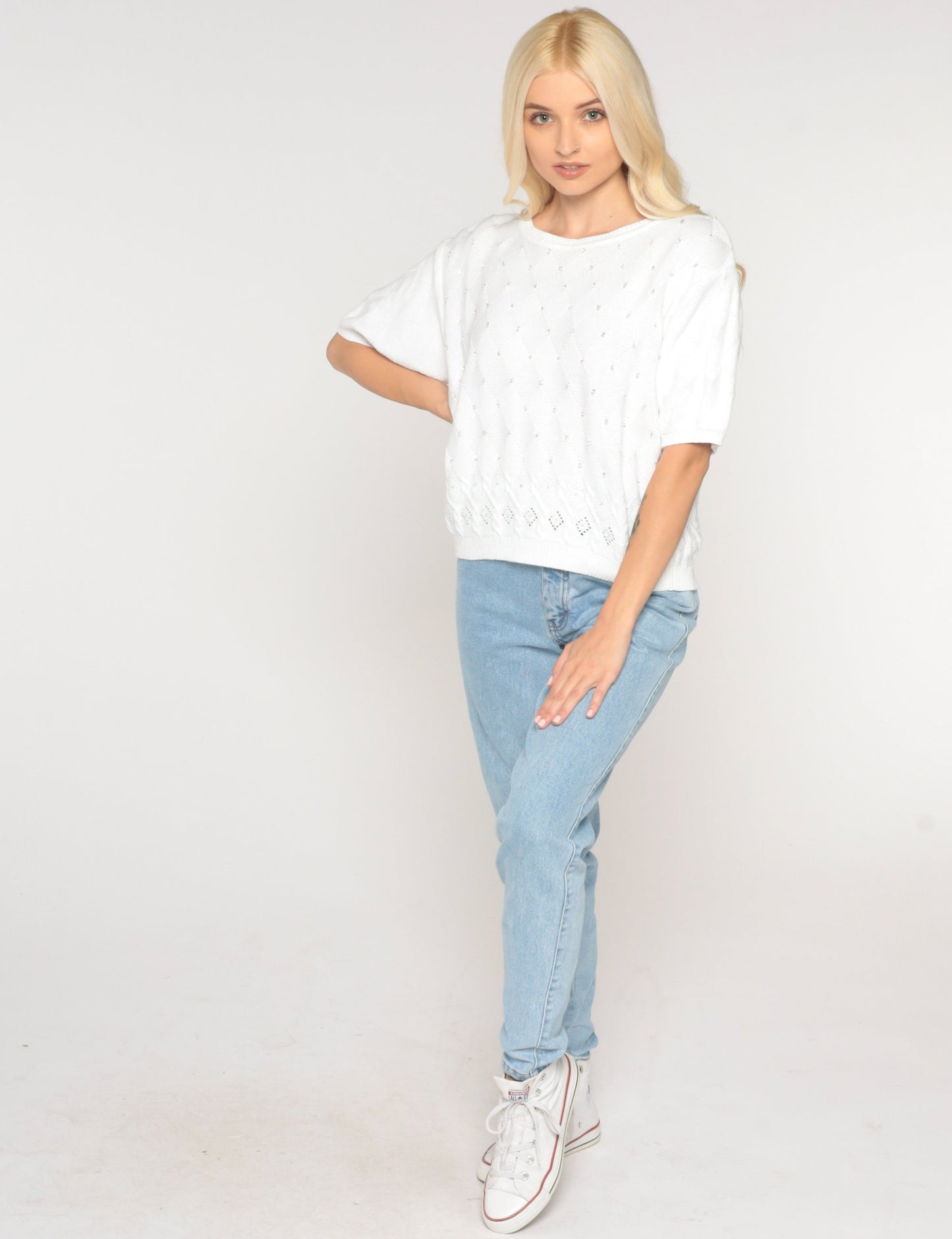 80s Liz Claiborne White Knit Blouse Beaded Cutout Short Sleeve Large L