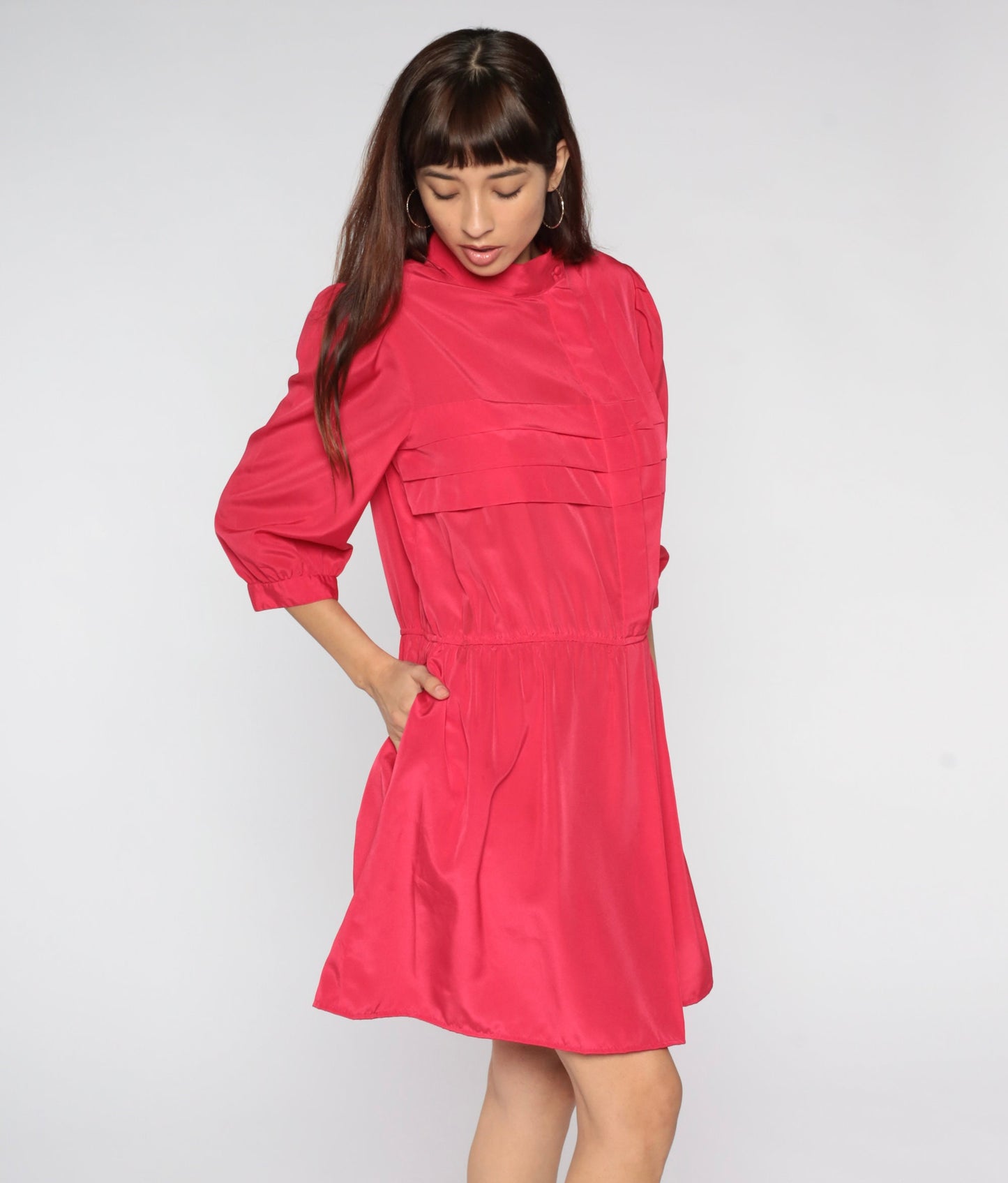 00s Hibiscus Pink Mini Dress Mock Neck Pleated High Waist Large L