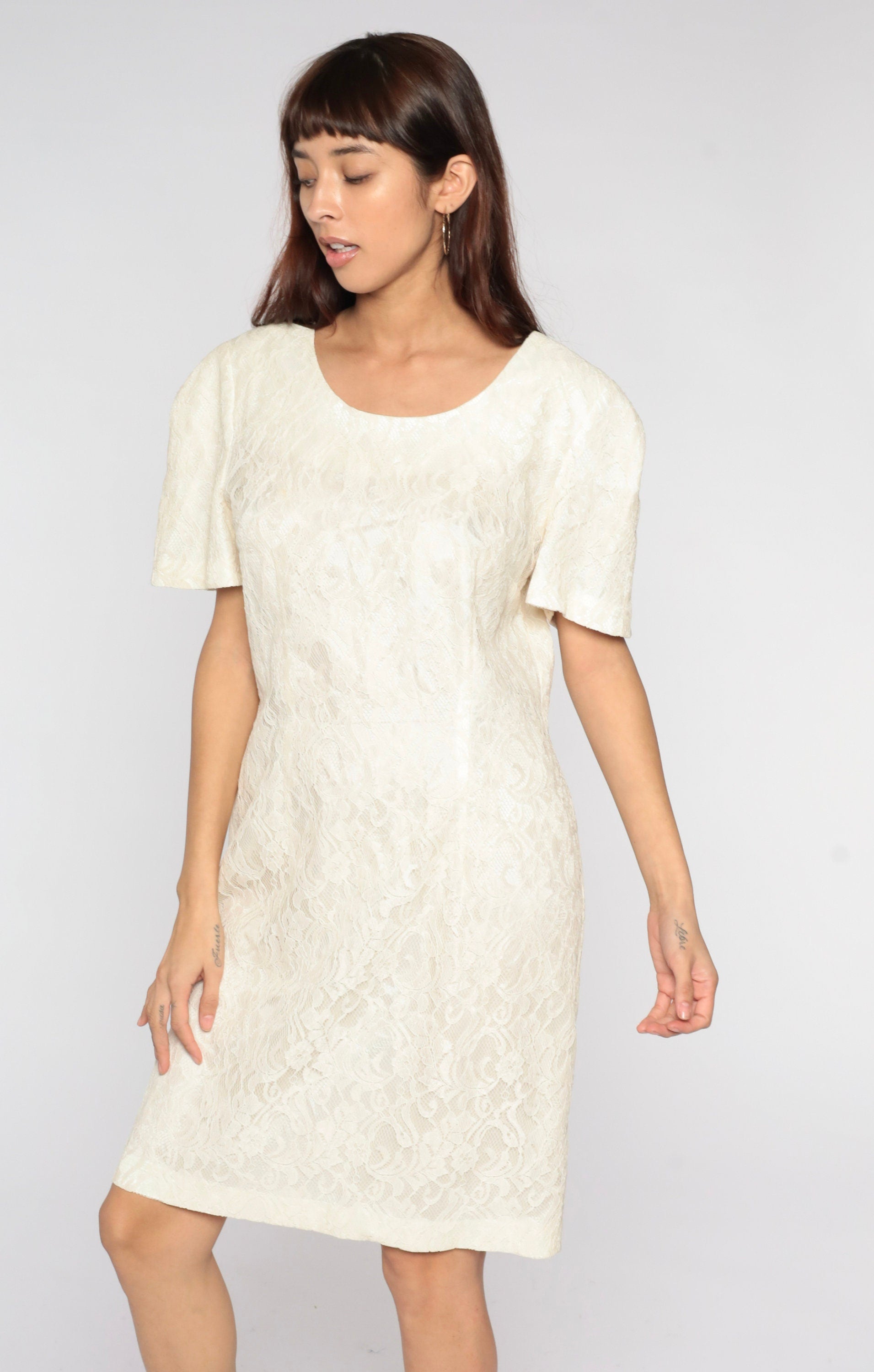 90s Off-White Lace Mini Dress Short Sleeve Sheath Cocktail Large L