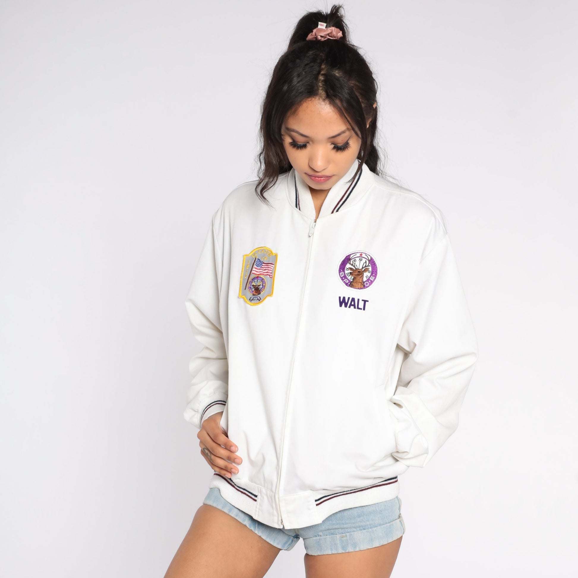 80s San Diego Elks Club El Cajon Bomber Jacket Embroidered Windbreaker White Mens Large L