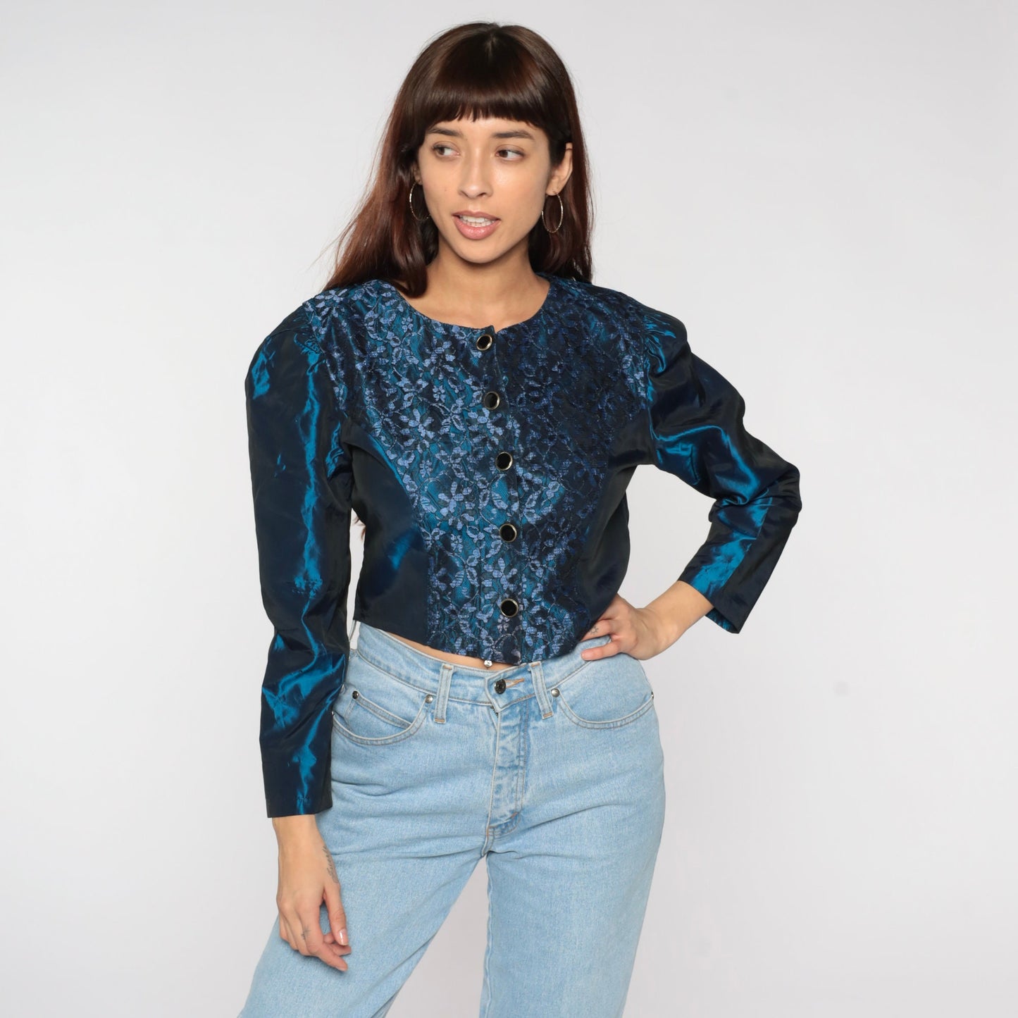 80s Metallic Blue Floral Lace Puff Sleeve Blouse Button Up Small