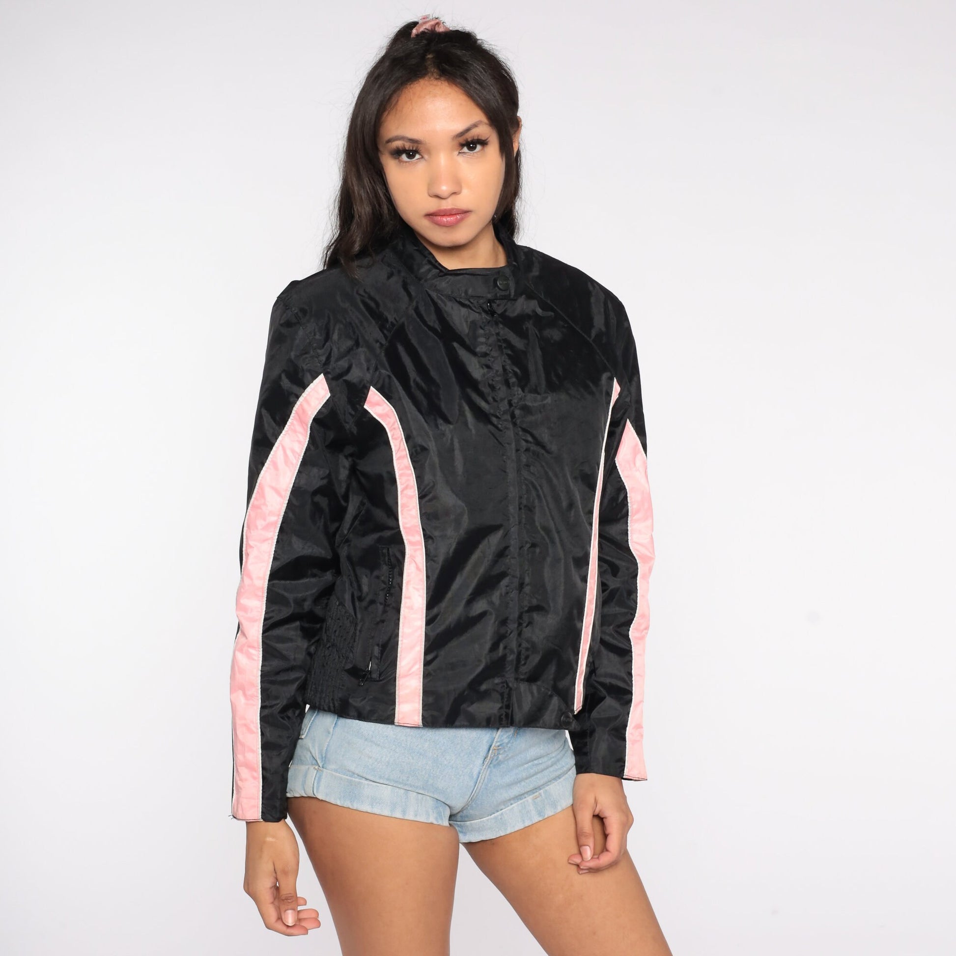 Y2K Black Moto Jacket Pink Stripes Biker Motorcycle Coat Small S