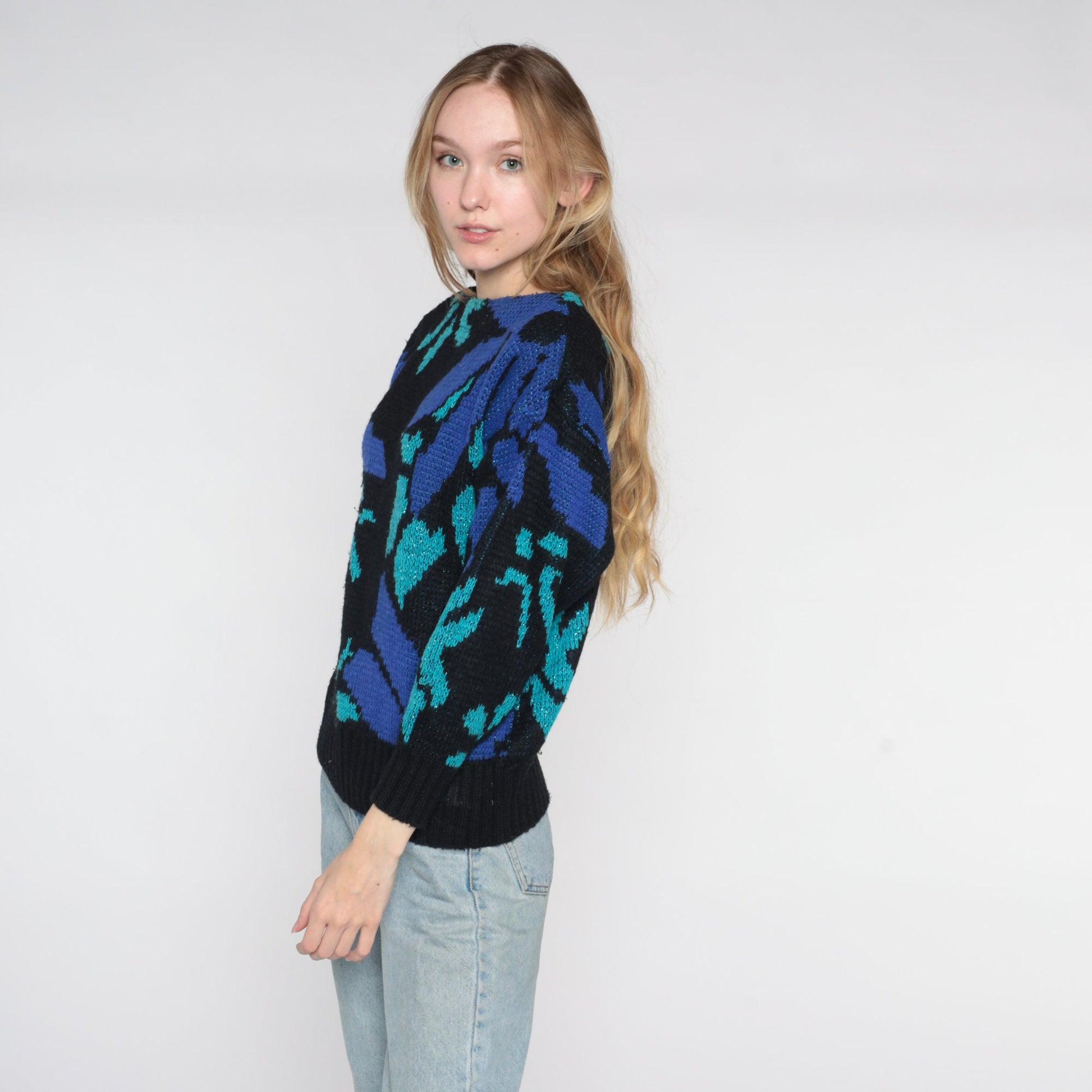 80s St. Michael Metallic Floral Knit Sweater Black Boat Neck Medium
