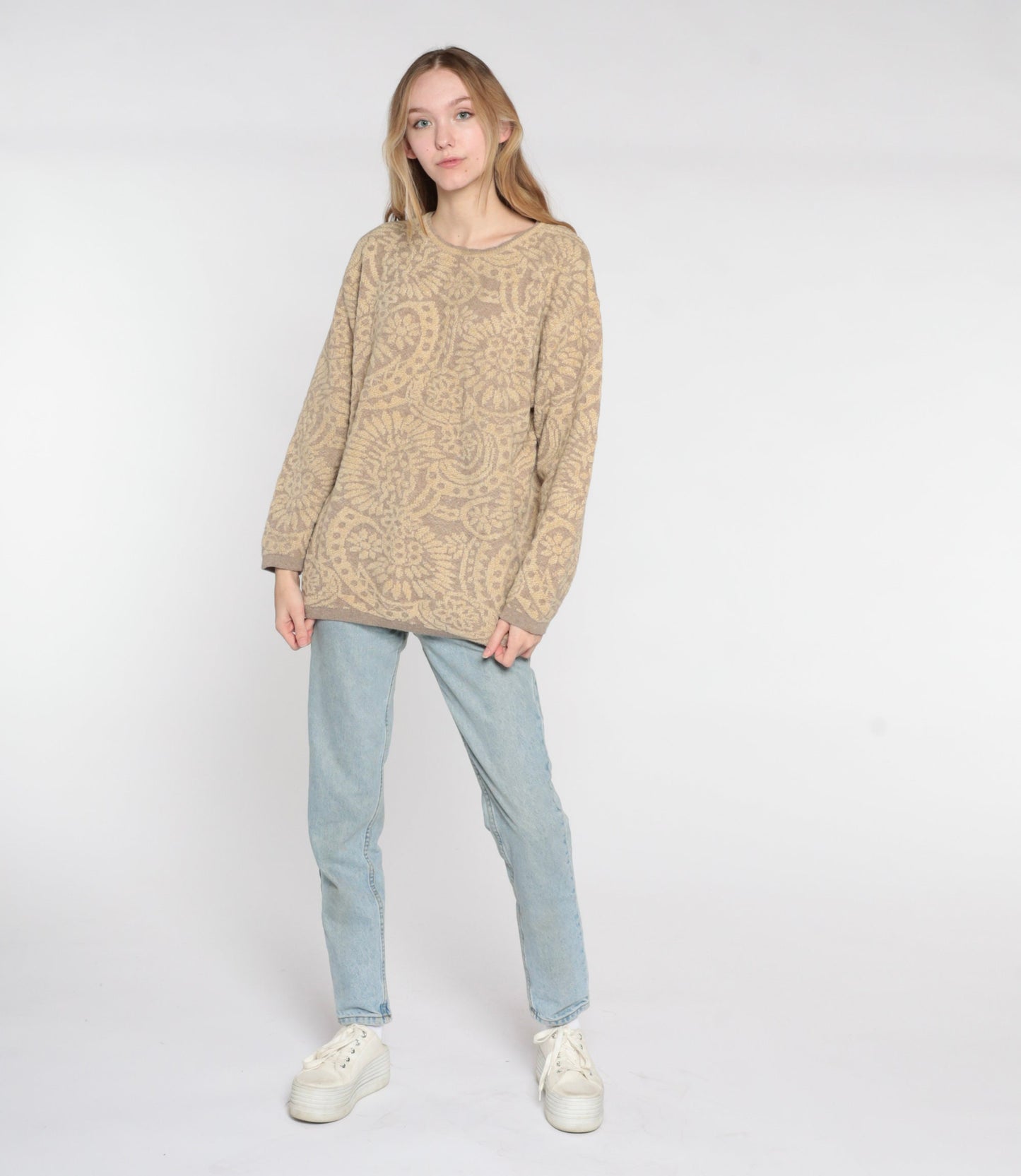 90s Tan Floral Wool Blend Sweater Italian Made Pullover Medium