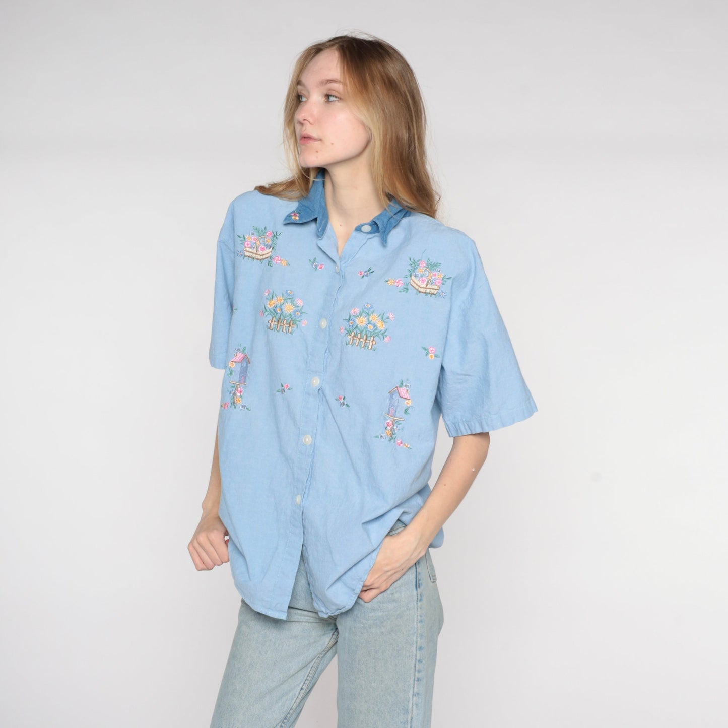 90s Blue Chambray Button Up Shirt Floral Birdhouse Embroidery Extra Large