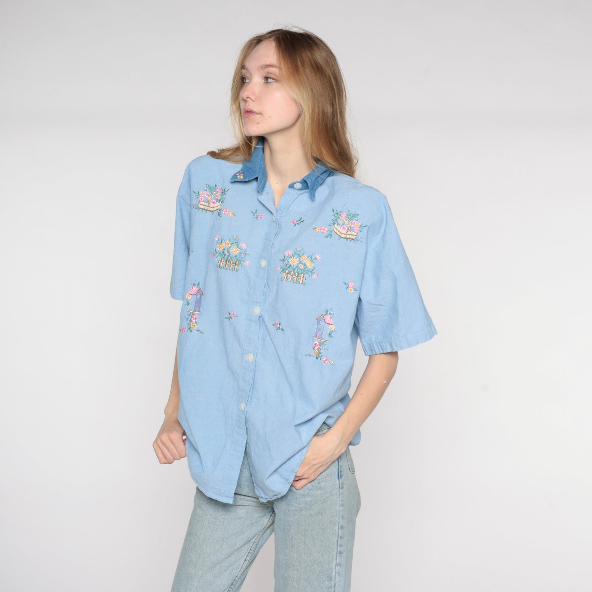 90s Blue Chambray Button Up Shirt Floral Birdhouse Embroidery Extra Large