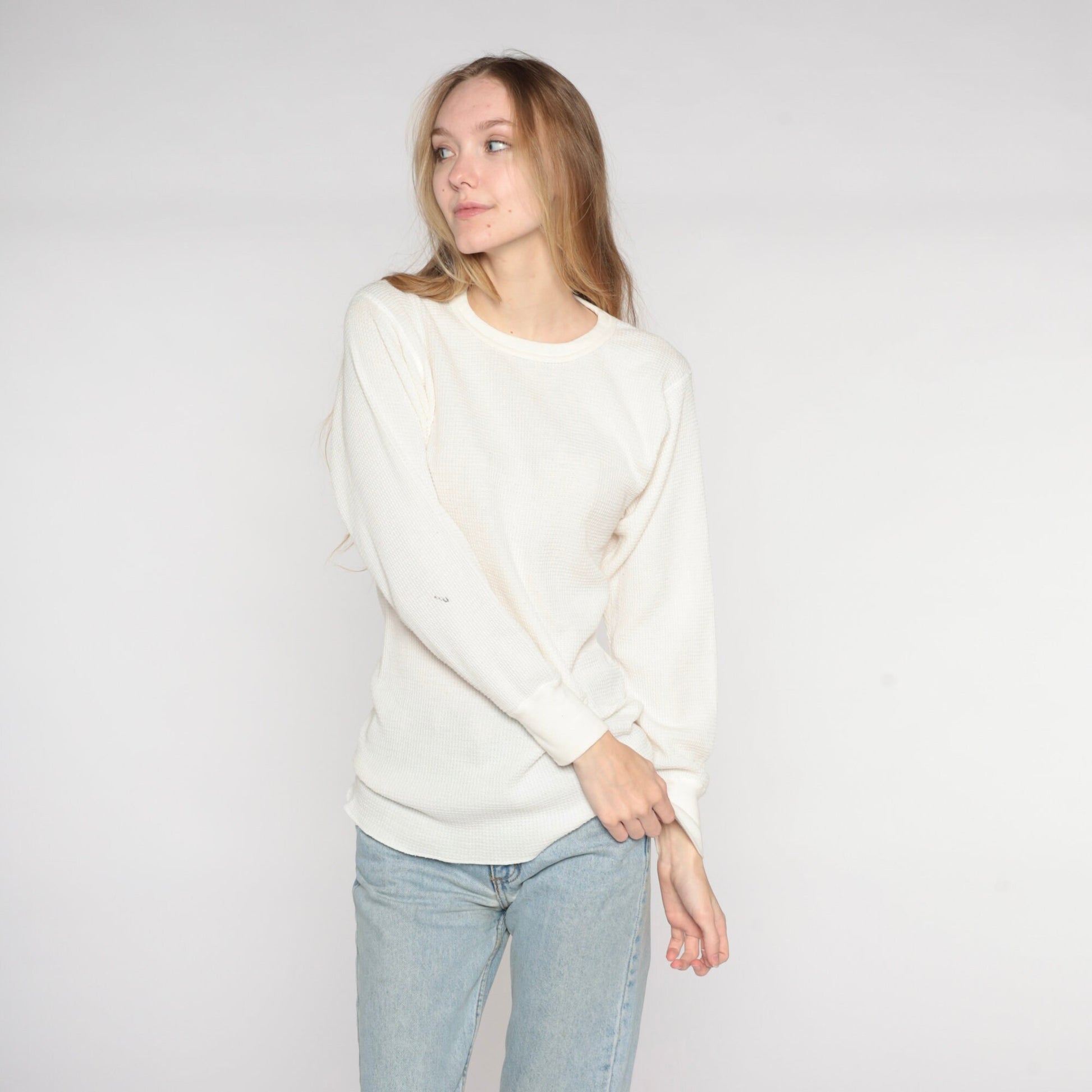 90s Off White Thermal Waffle Knit Long Sleeve Shirt Large