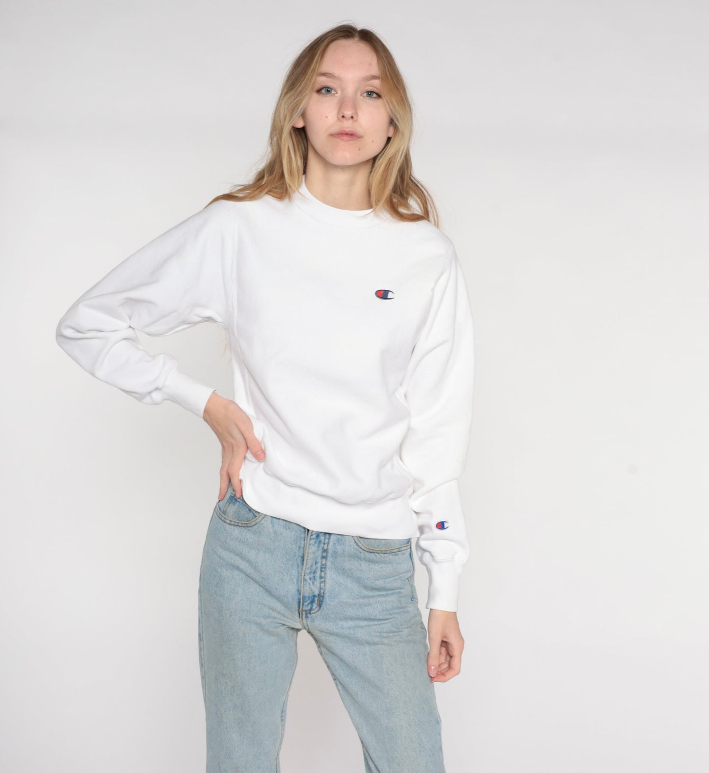 Y2K Champion White Crewneck Sweatshirt Plain Pullover Extra Small XS