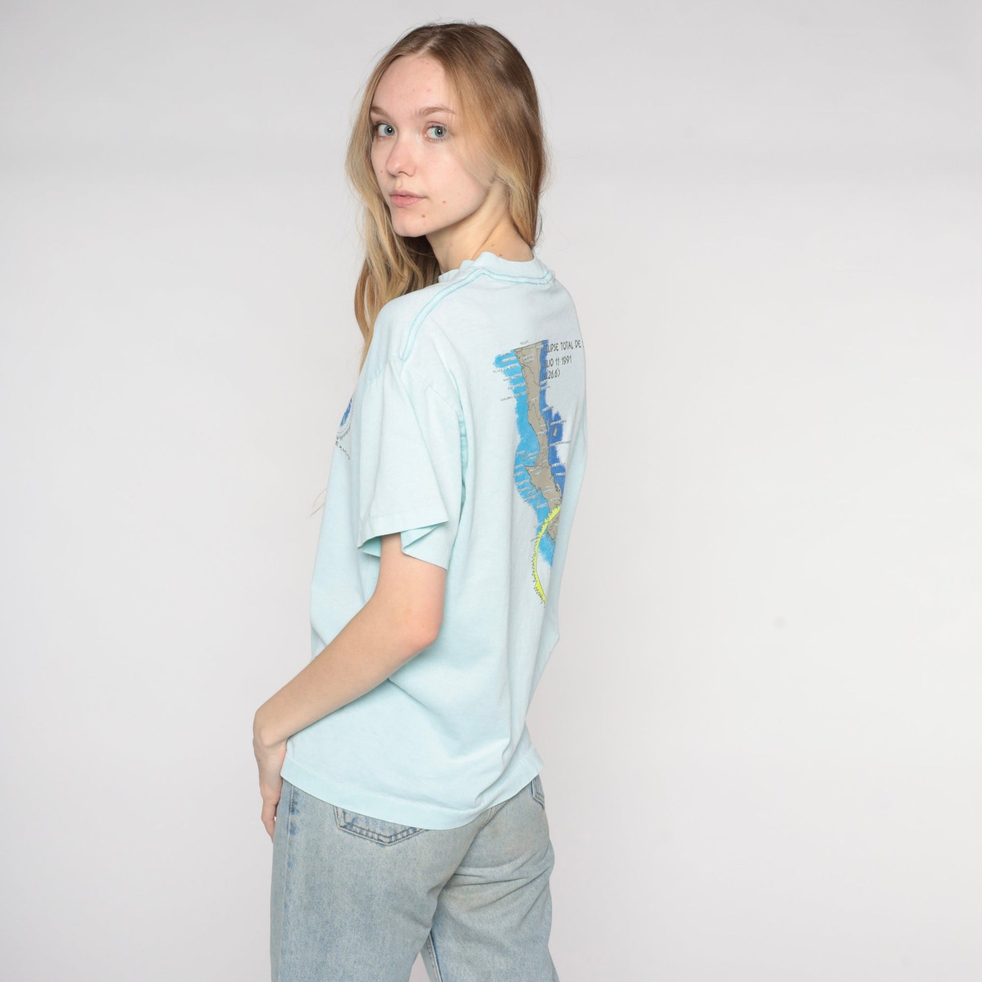 1991 Solar Eclipse Mulege Mexico T-Shirt Light Blue Graphic Tee Large L