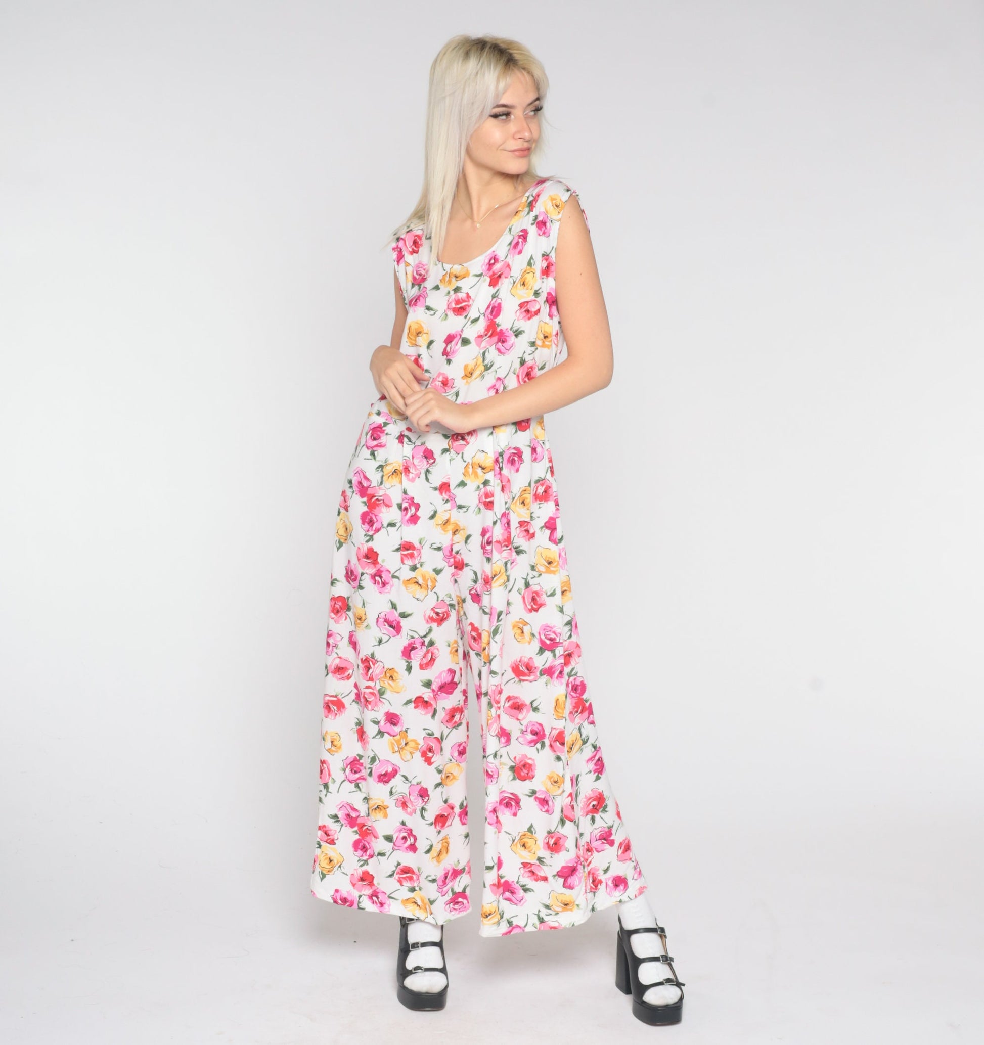 90s Floral Jumpsuit White Pink Wide Leg Sleeveless One Piece Large L