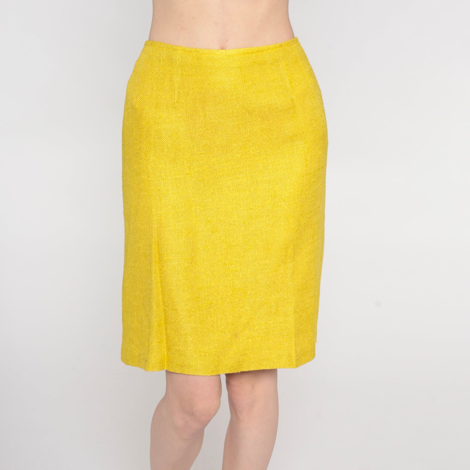 60s Yellow Tweed Pencil Skirt High Waist Mini Back Zip Extra Small XS