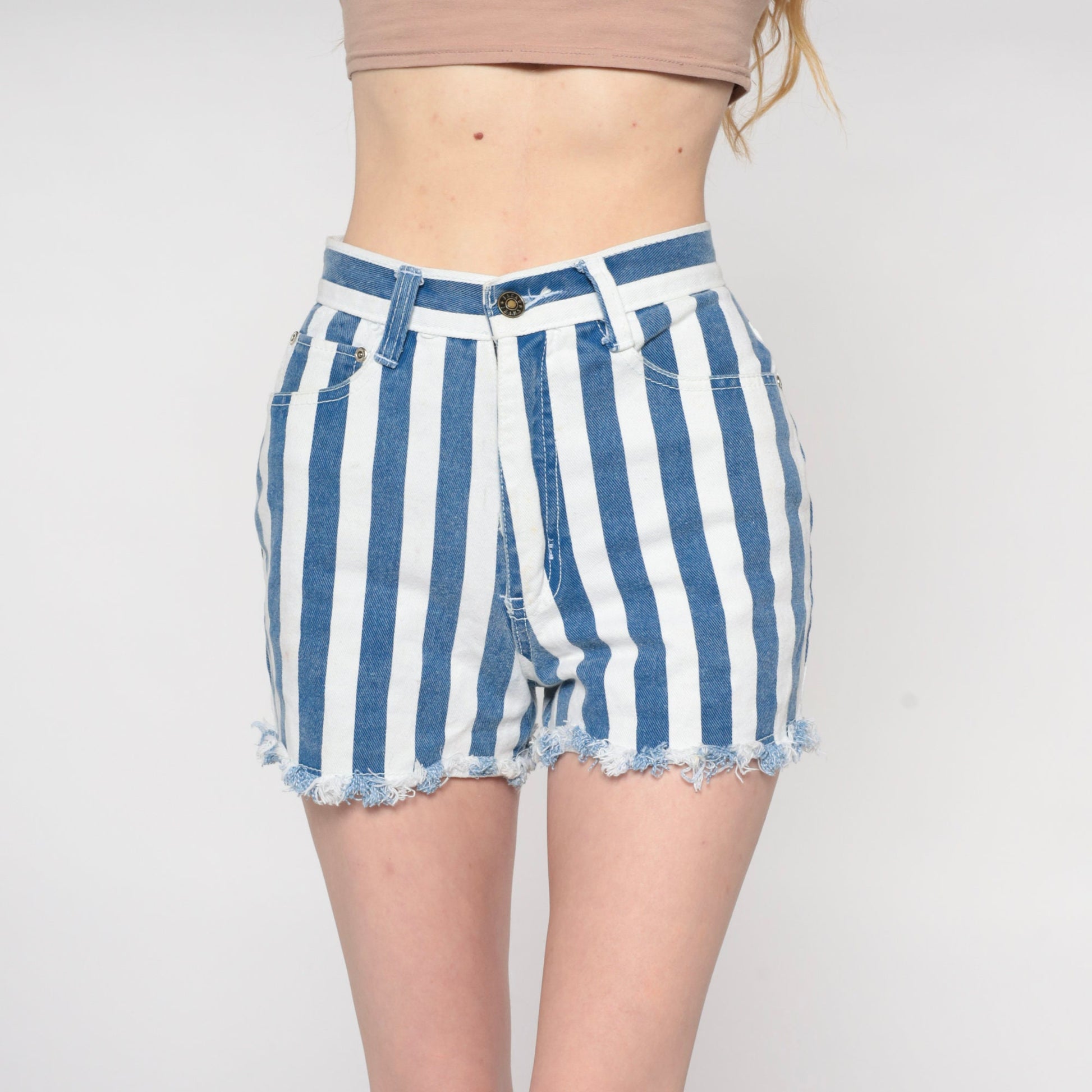 90s Jacko Jeans Striped Denim Cutoffs Blue White High Waisted Extra Small XS
