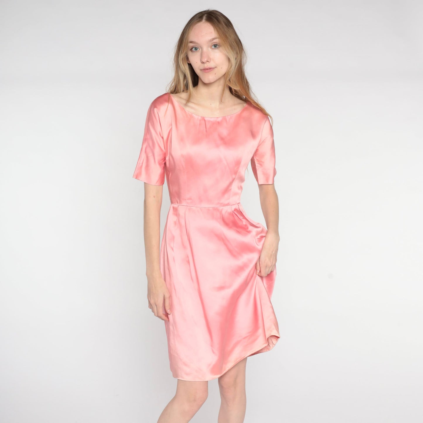 1960s Pink Satin Mini Shift Dress Short Sleeve High Waist Extra Small XS