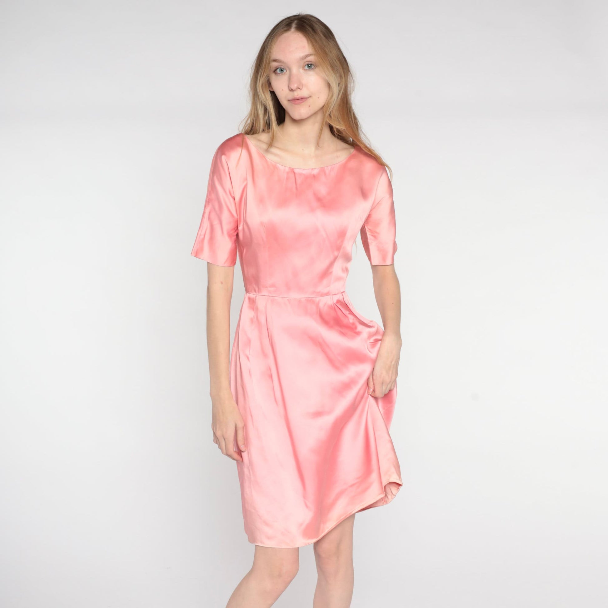 1960s Pink Satin Mini Shift Dress Short Sleeve High Waist Extra Small XS