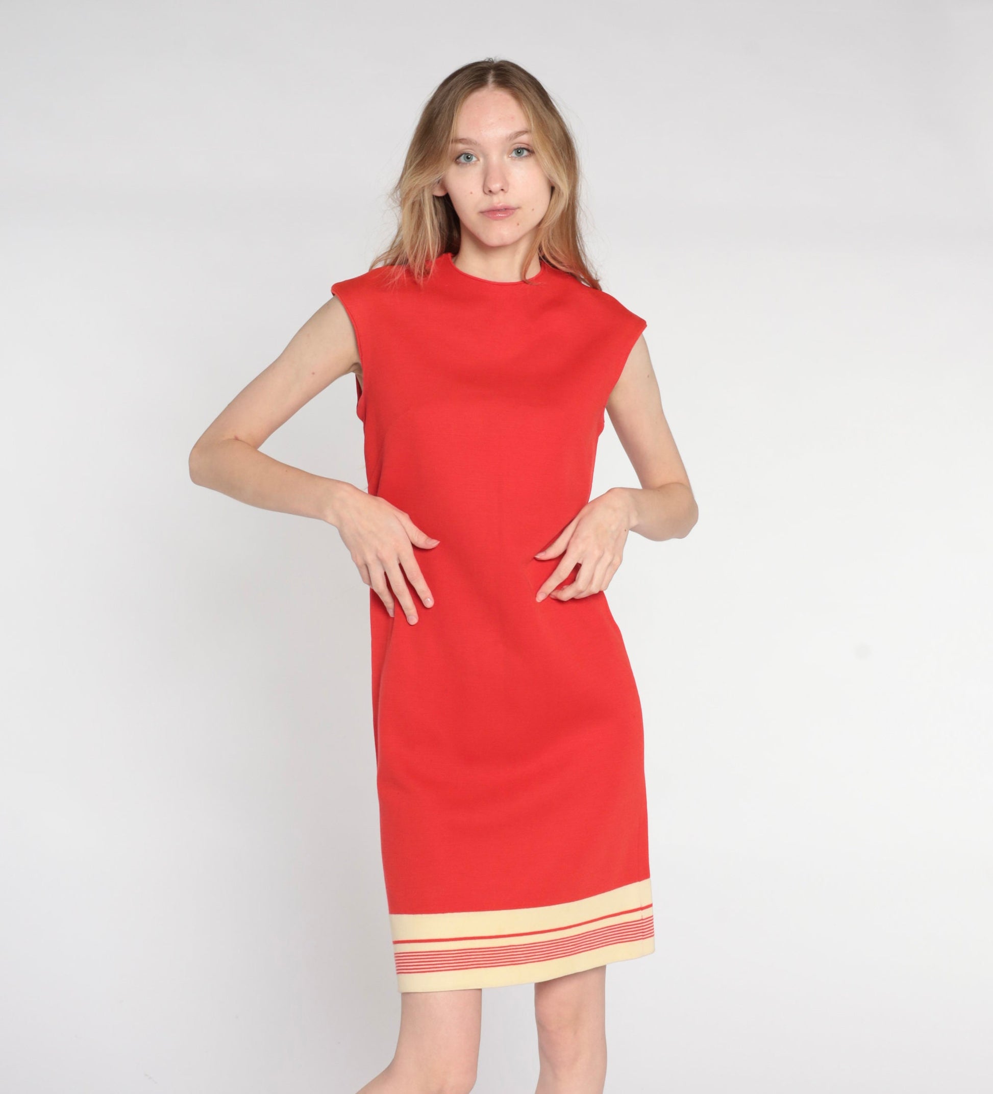 60s Mod Shift Dress Red Striped Wool Blend Mini Sleeveless Small S