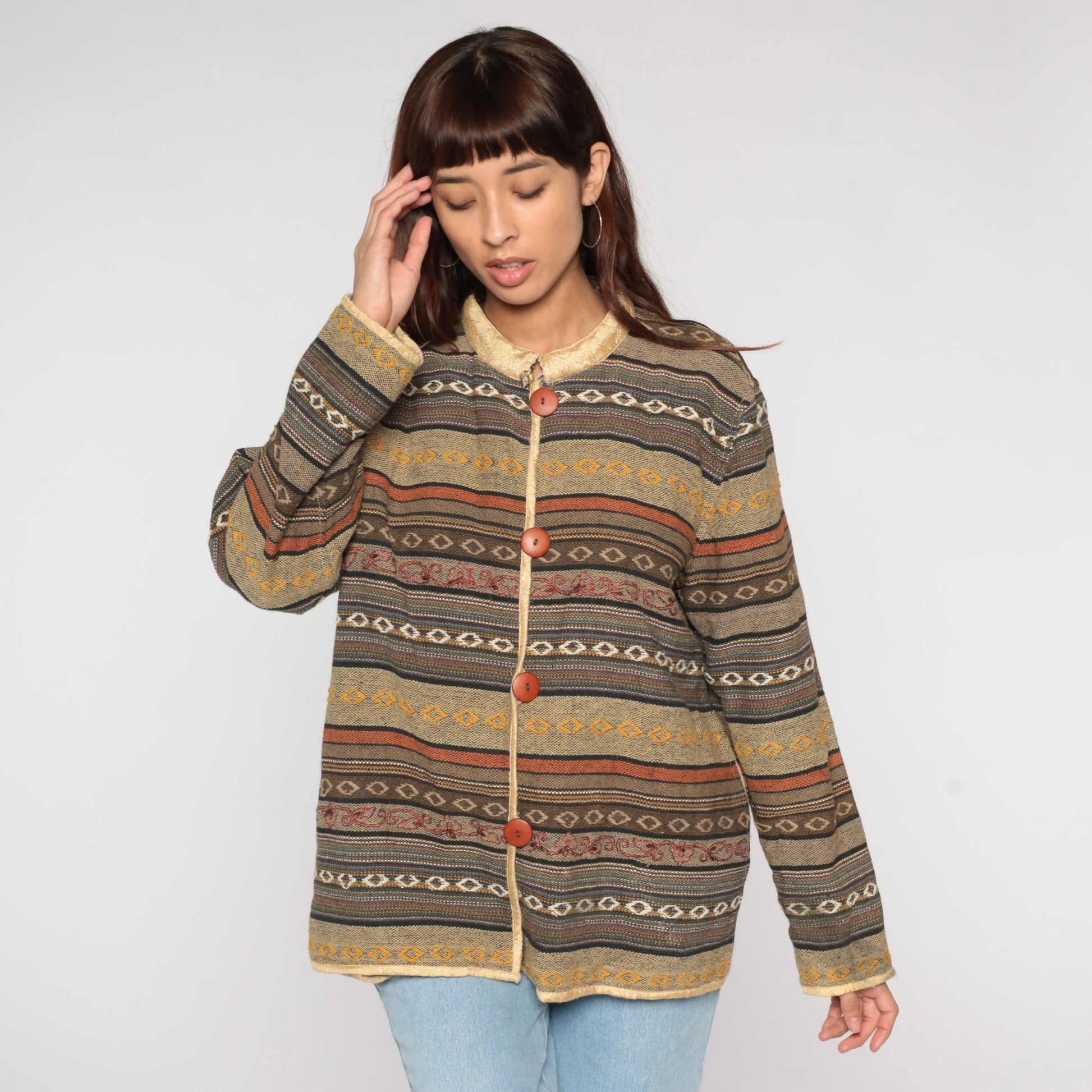 Y2K Striped Tapestry Button Jacket Floral Collar Cotton Neutral Extra Large XXL