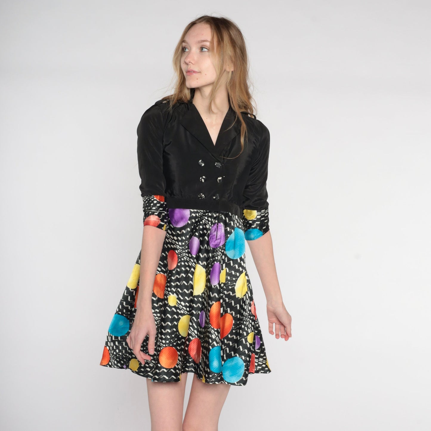 90s Black Geometric Silk Mini Dress Double Breasted V Neck Empire Waist Extra Small