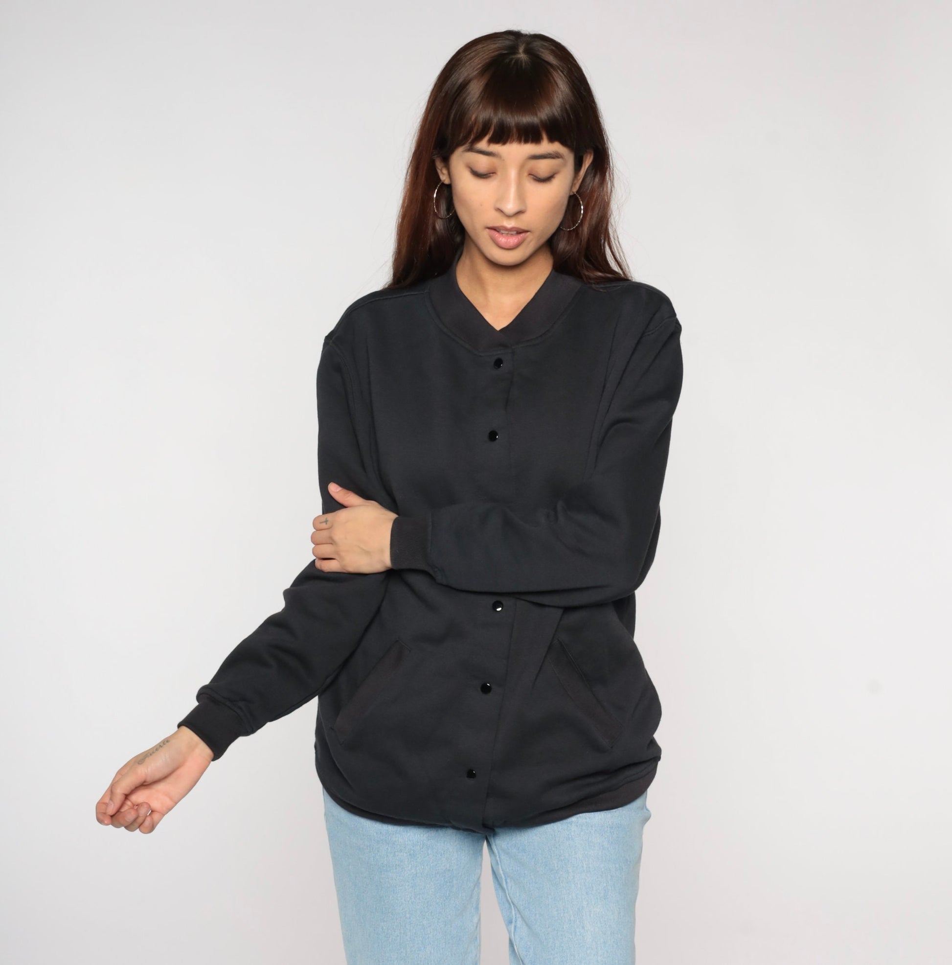 00s Black Snap-Up Sweatshirt Jacket Plain Crewneck Medium M